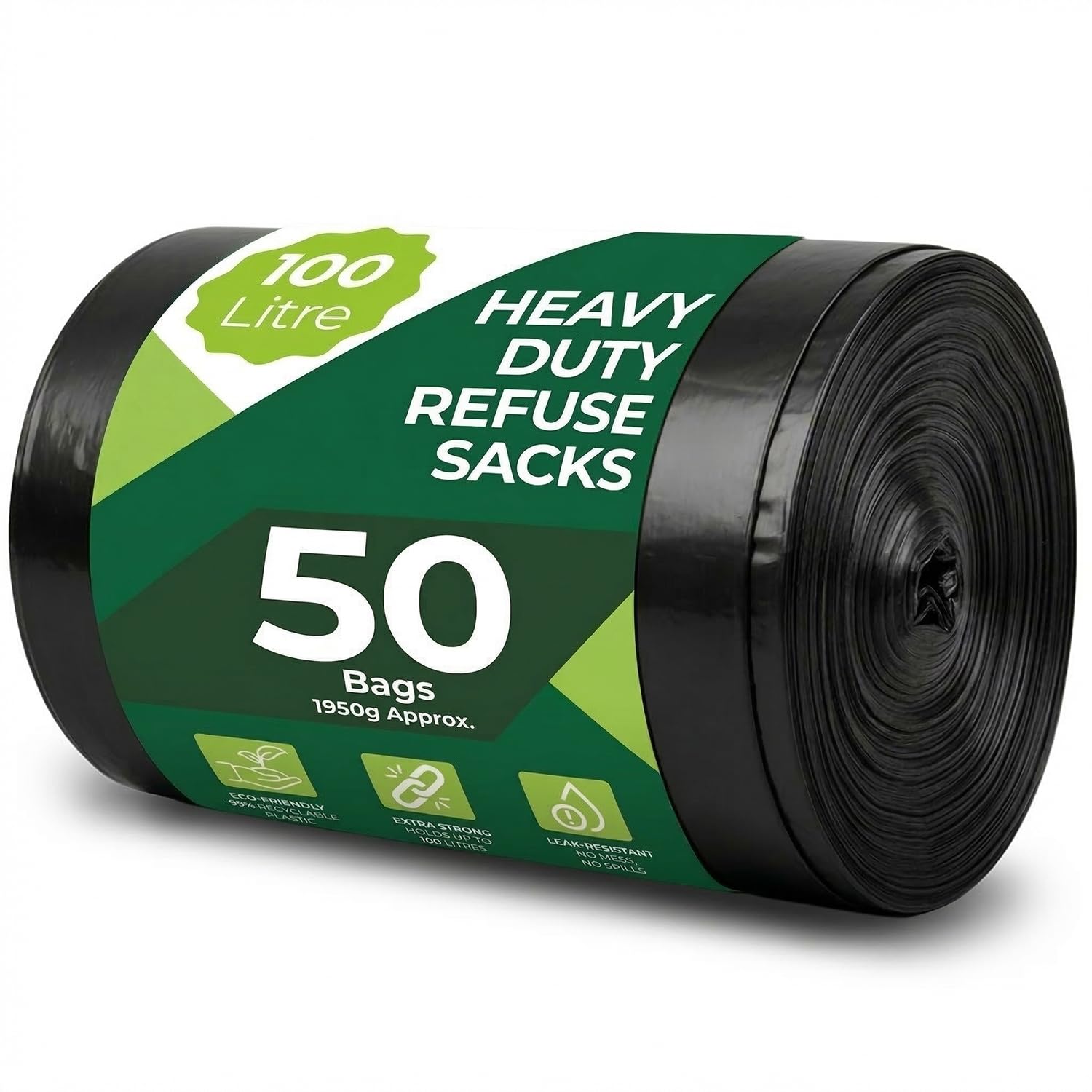 Roe Tenpo Heavy Duty Black Bin Bags - 100L Capacity, 50 Count | 33 μm Thick, Recyclable