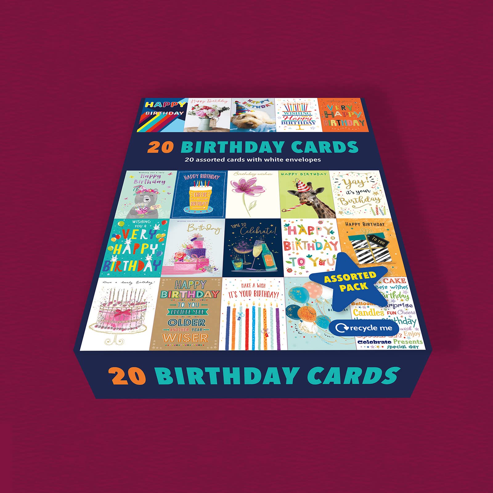 Piccadilly Greetings Assorted Birthday Cards Multipack - 20 Cards, 5x7 Inches, Unique Designs, White Envelopes 5