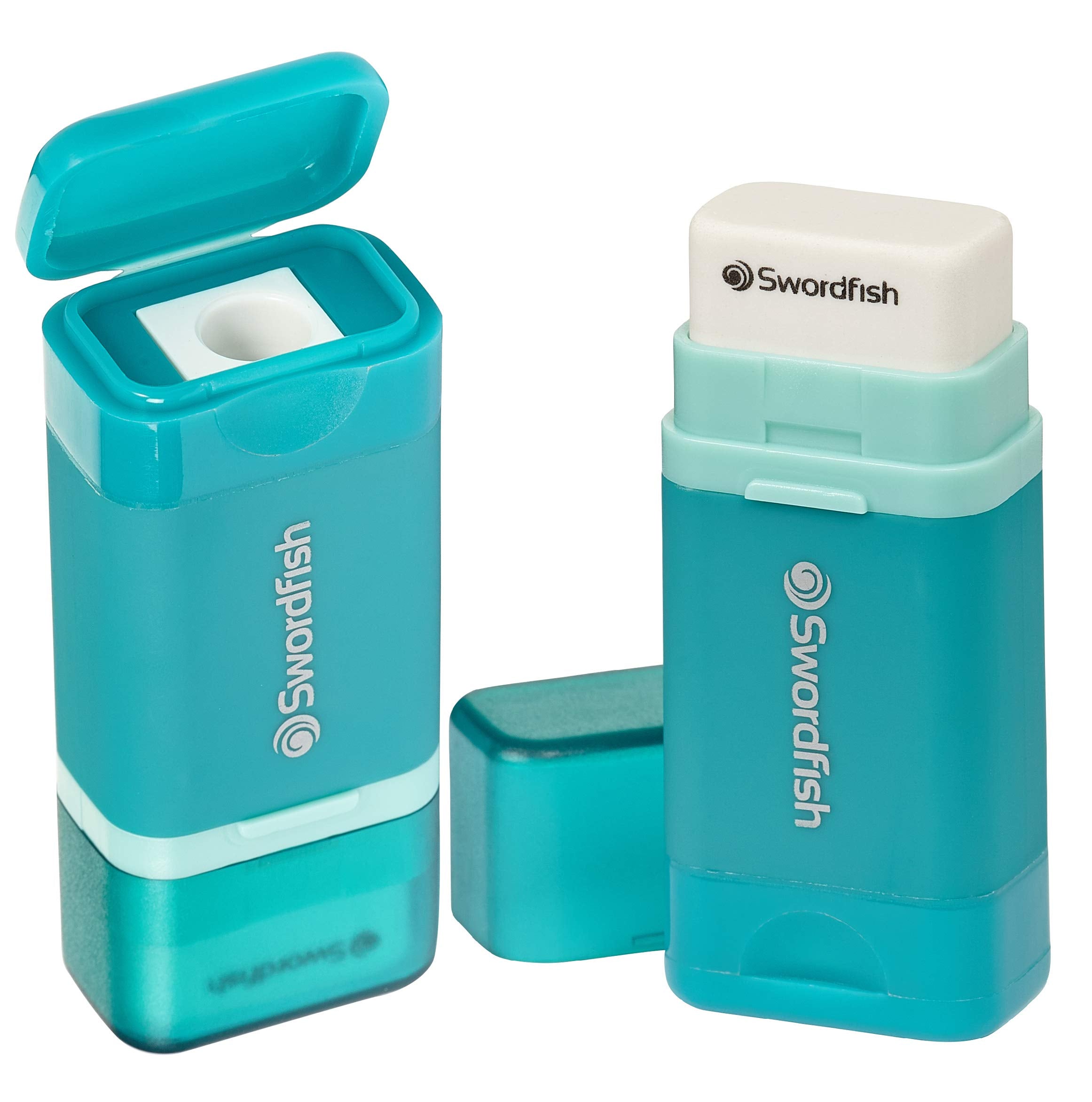 Swordfish Combo Pencil Sharpener & Eraser | Mess-Free Canister | Turquoise