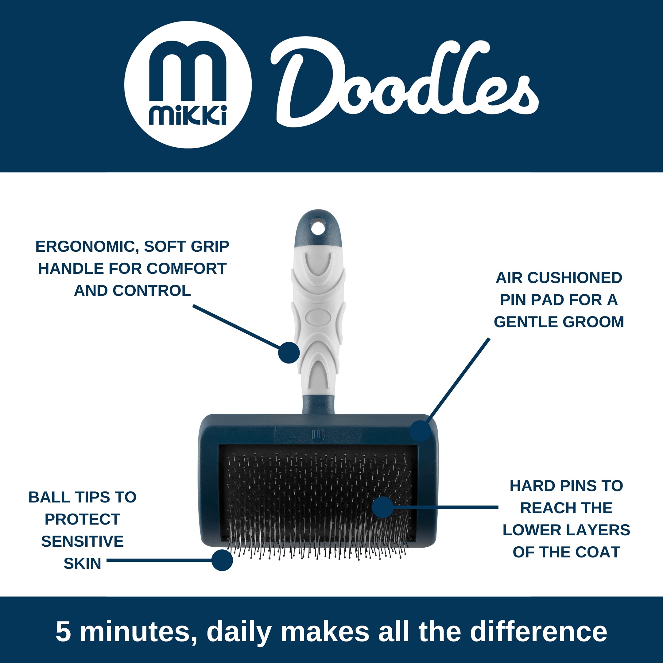 Mikki Dog Puppy Grooming Curved Head Slicker Brush for Doodles | X-Small | Stainless Steel Pins 9