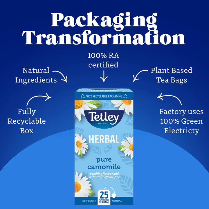 Tetley Pure Camomile Tea Bags - 25 Individually Wrapped Herbal Infusion - Naturally Caffeine-Free - Rainforest Alliance Certified