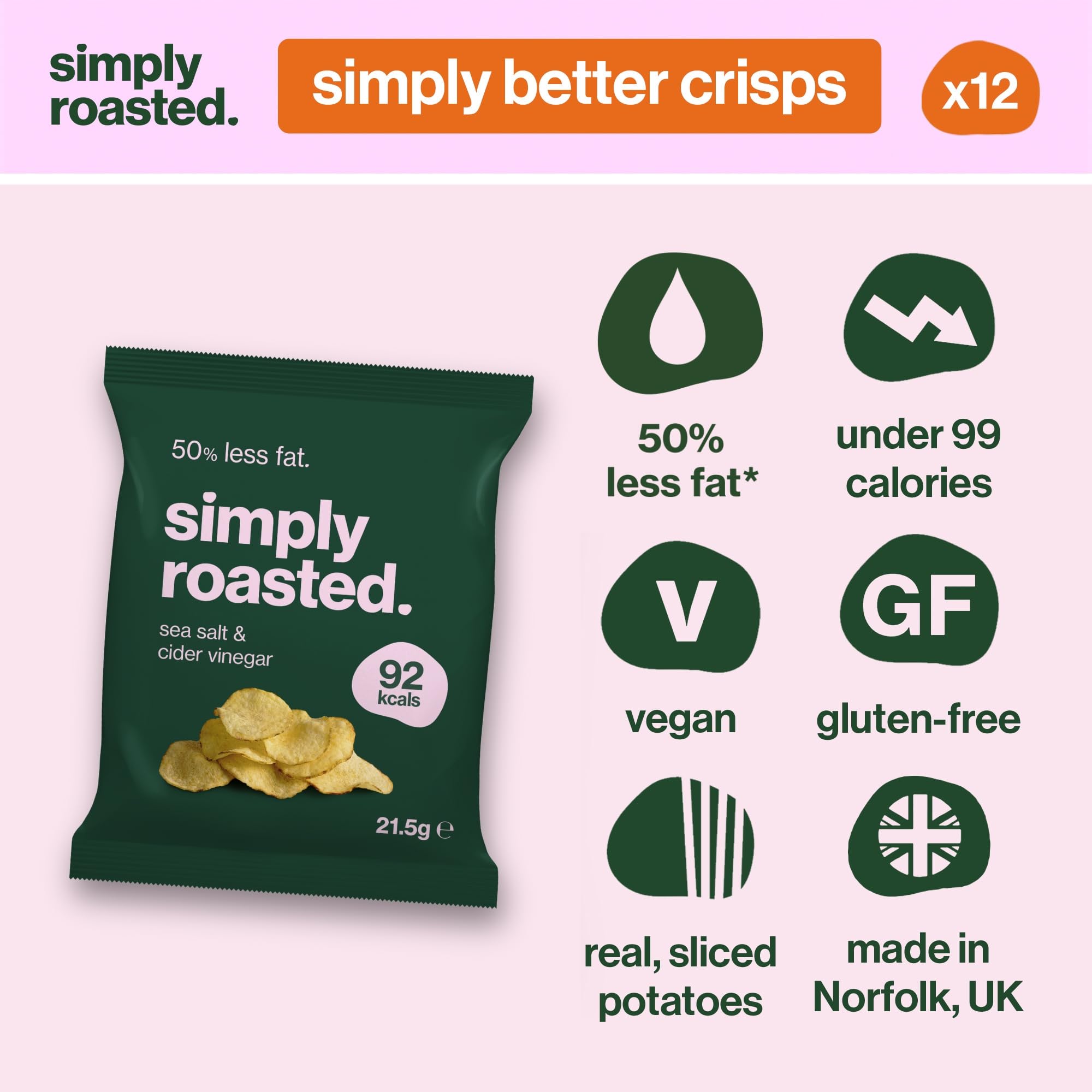 Simply Roasted Sea Salt & Vinegar Crisps - 12 x 21.5g Multipack | Roasted, 50% Less Fat