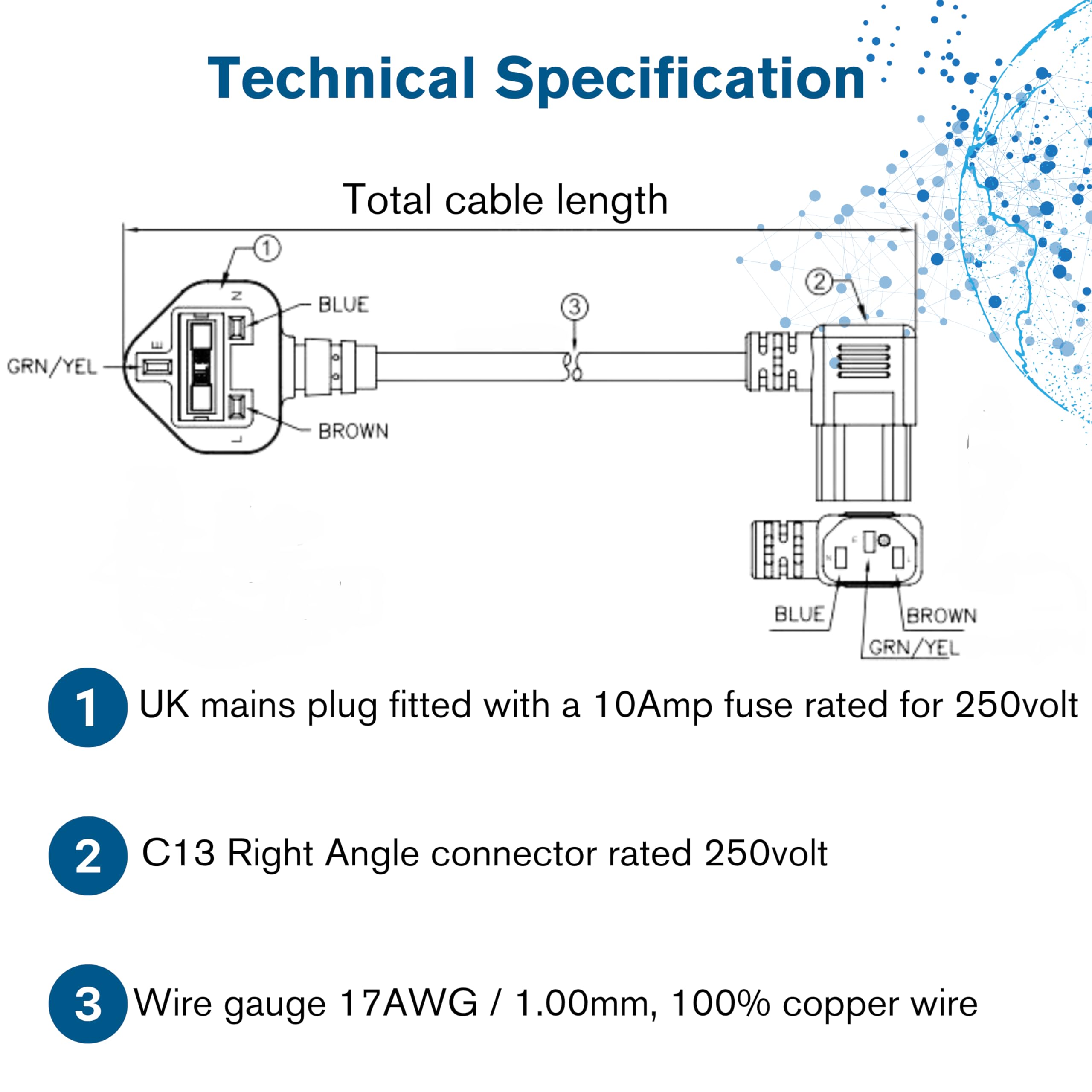 C2G 2 Meter 18 AWG 90-Grad-Stromkabel (IEC320C13R bis BS1363) rechtwinkliges Kesselkabel 11