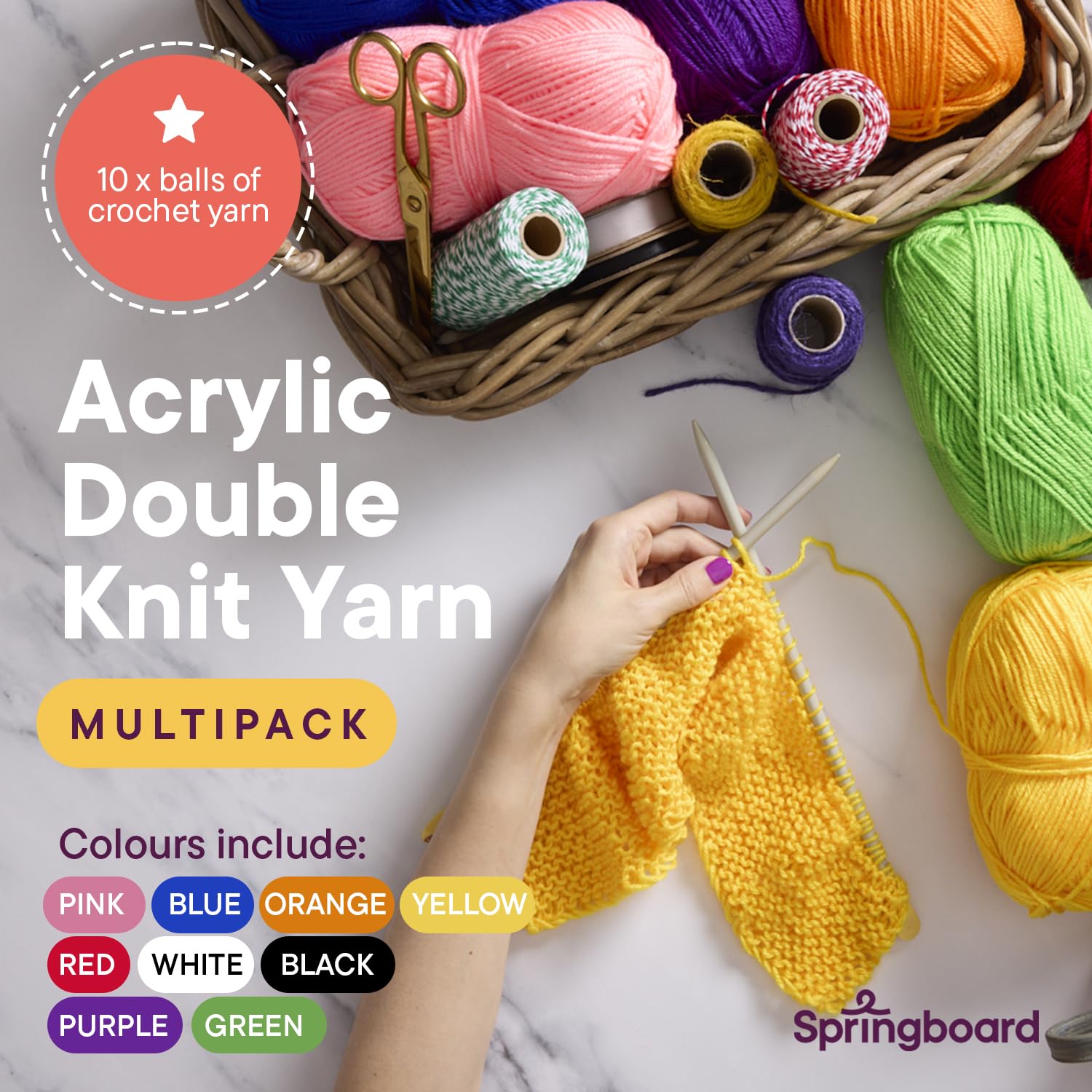 Springboard Acrylic Double Knitting Wool Multipack - 10 x 100g Balls | Assorted Bright Colours
