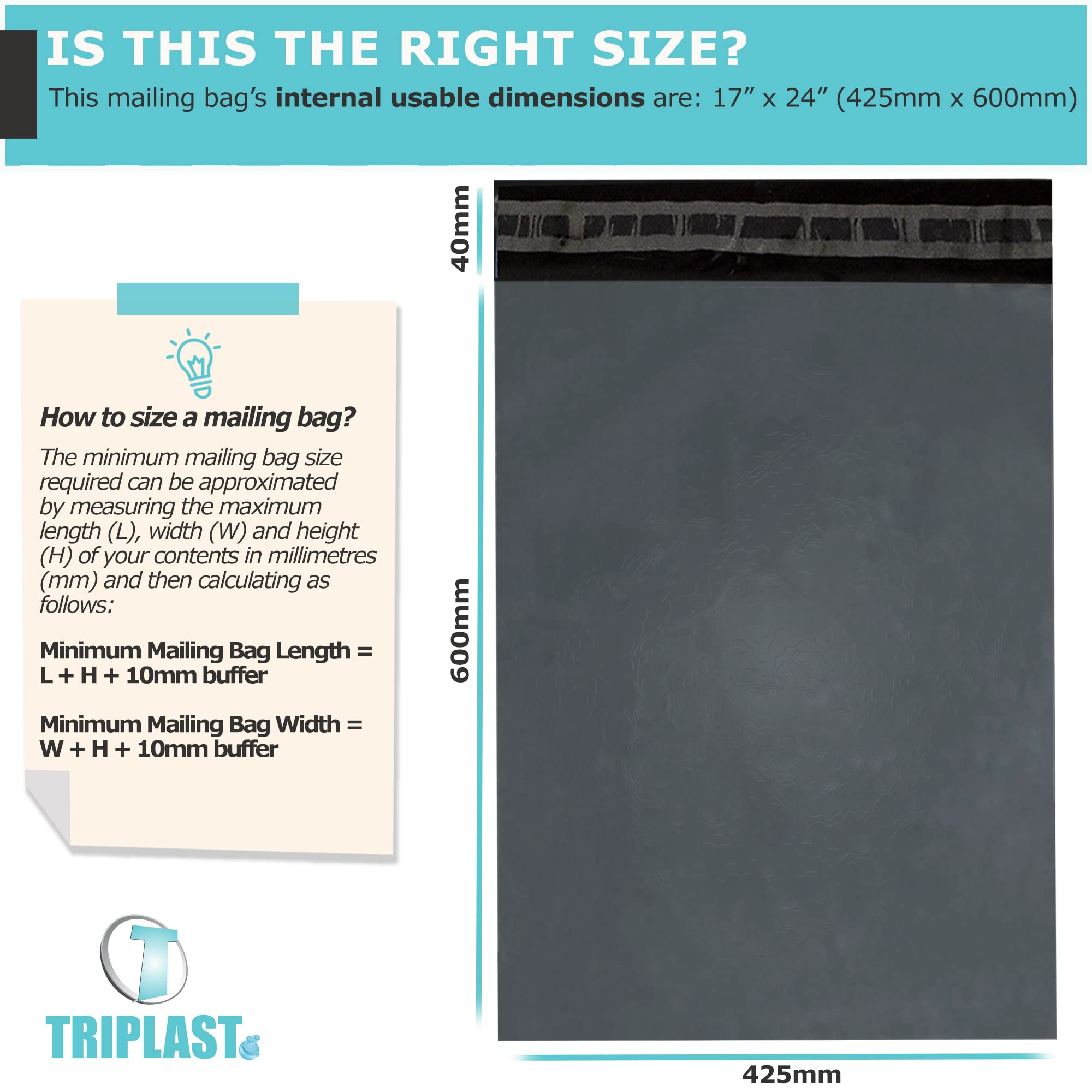 Triplast Parcel Postage Mailing Bags - 17 x 24" (425x600mm) Grey Polyethylene, Pack of 25