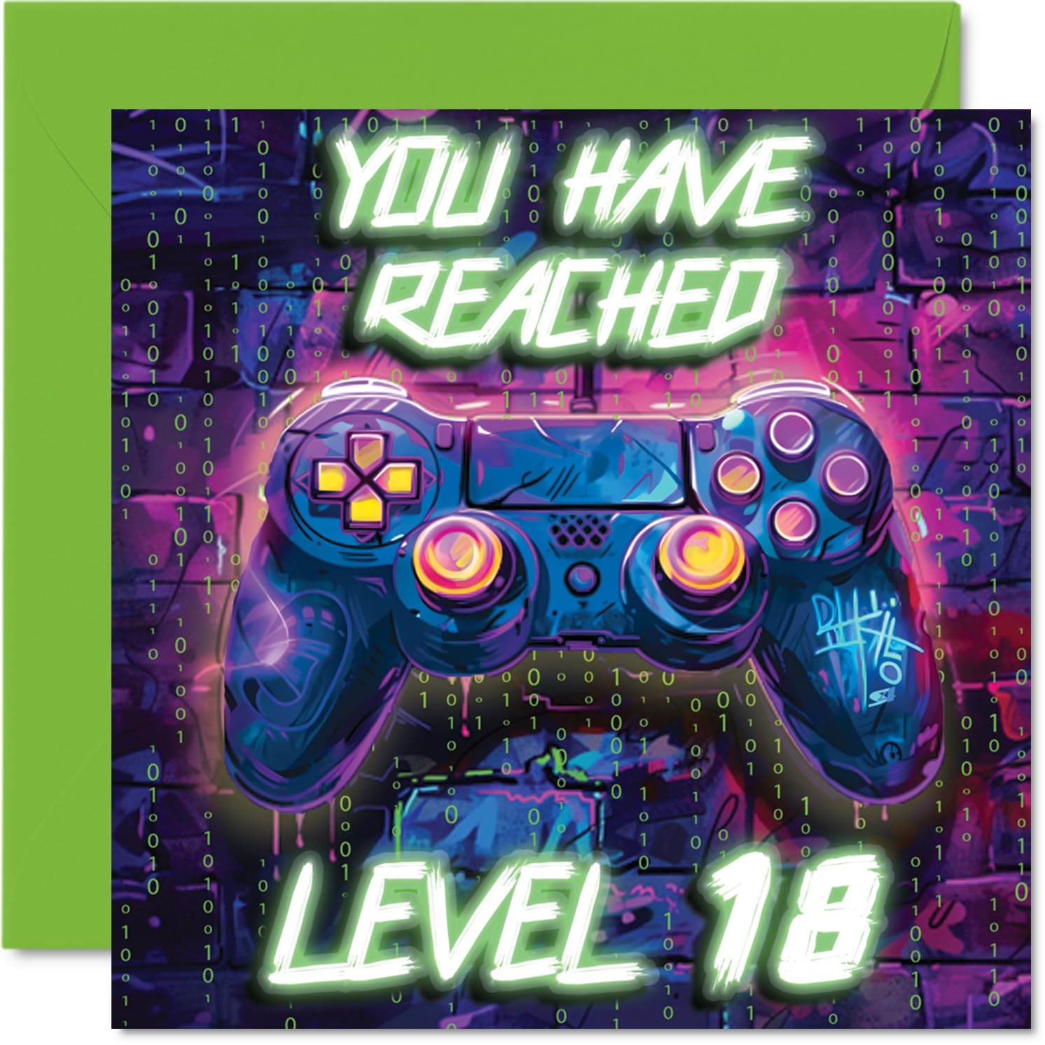 Stuff4 18th Birthday Card for Men - Neon Video Gamer Theme | 145mm Square Greeting Card 1