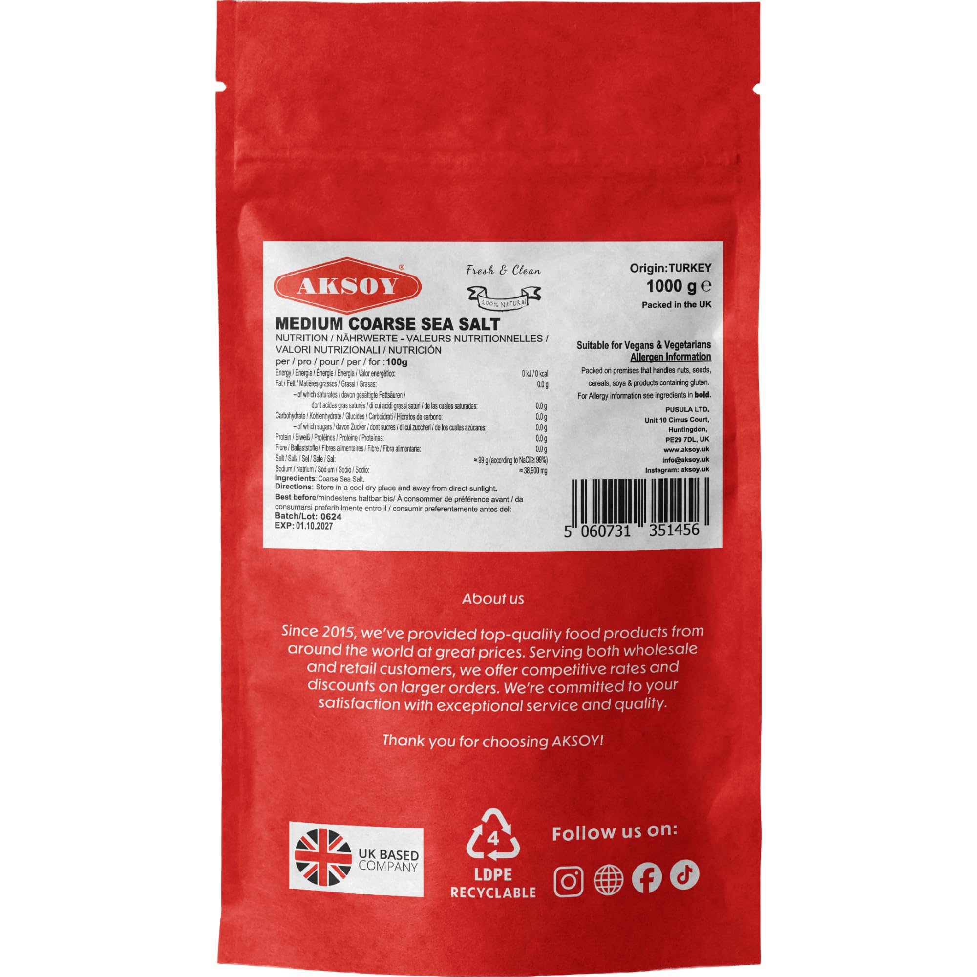 AKSOY Sea Salt - Medium Coarse Grain | 1kg | GMO Free, Vegan 2