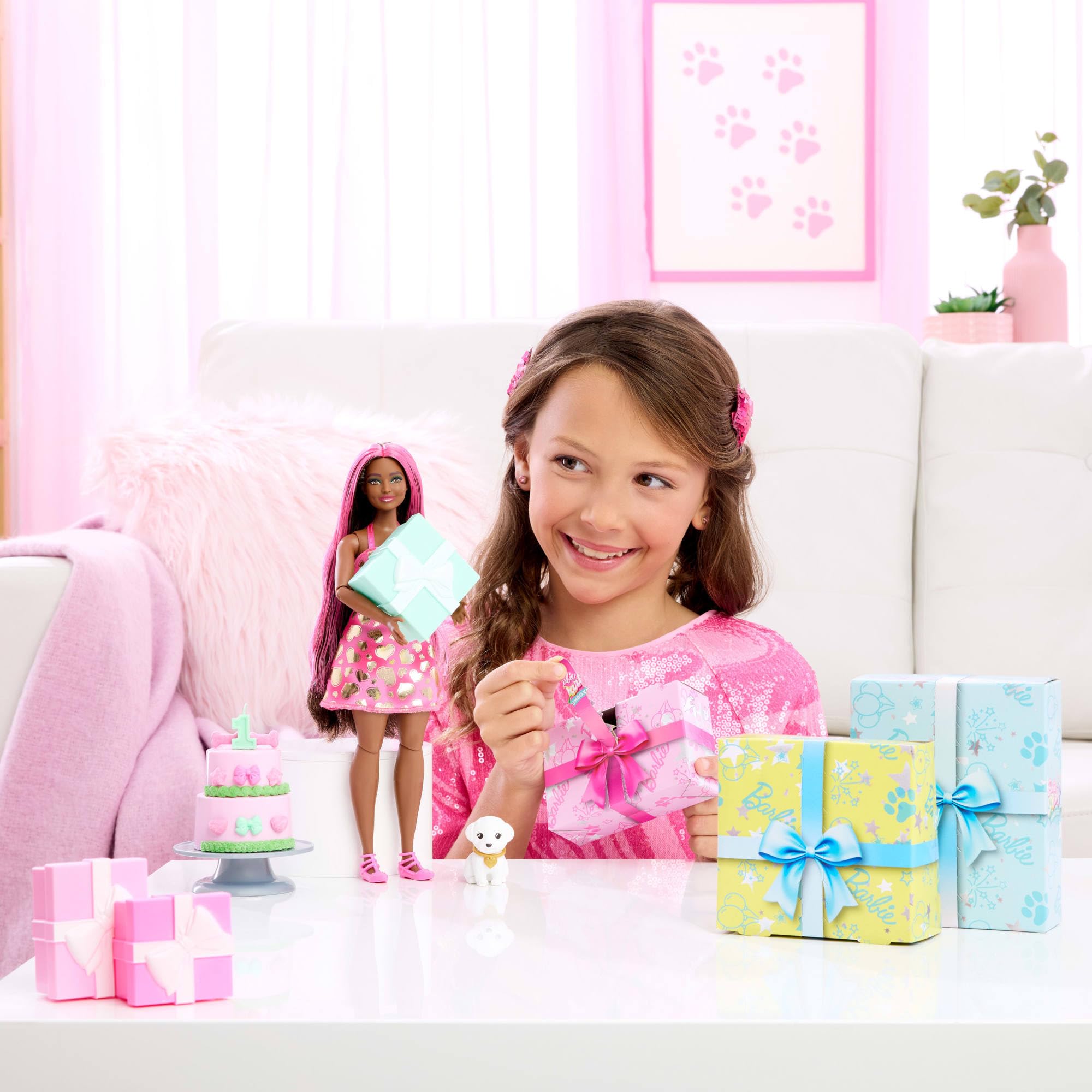Barbie Party Unboxed Doll & Accessories - Pet Birthday Series Shimmerin' Hearts, 15-Piece Playset for Kids