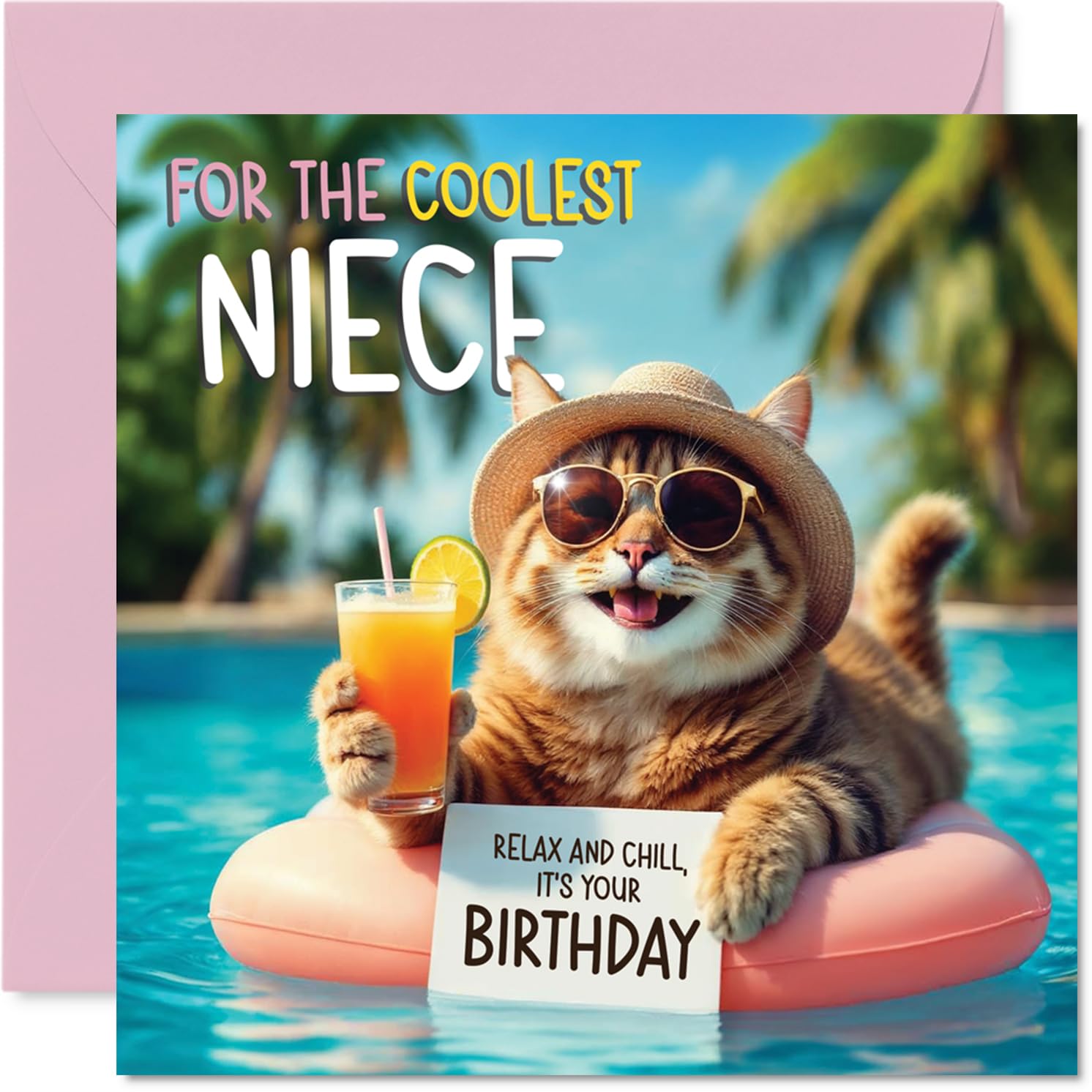 Stuff4 Niece Birthday Card - Pool Cat Design | 145mm x 145mm | Uncoated Interior 1