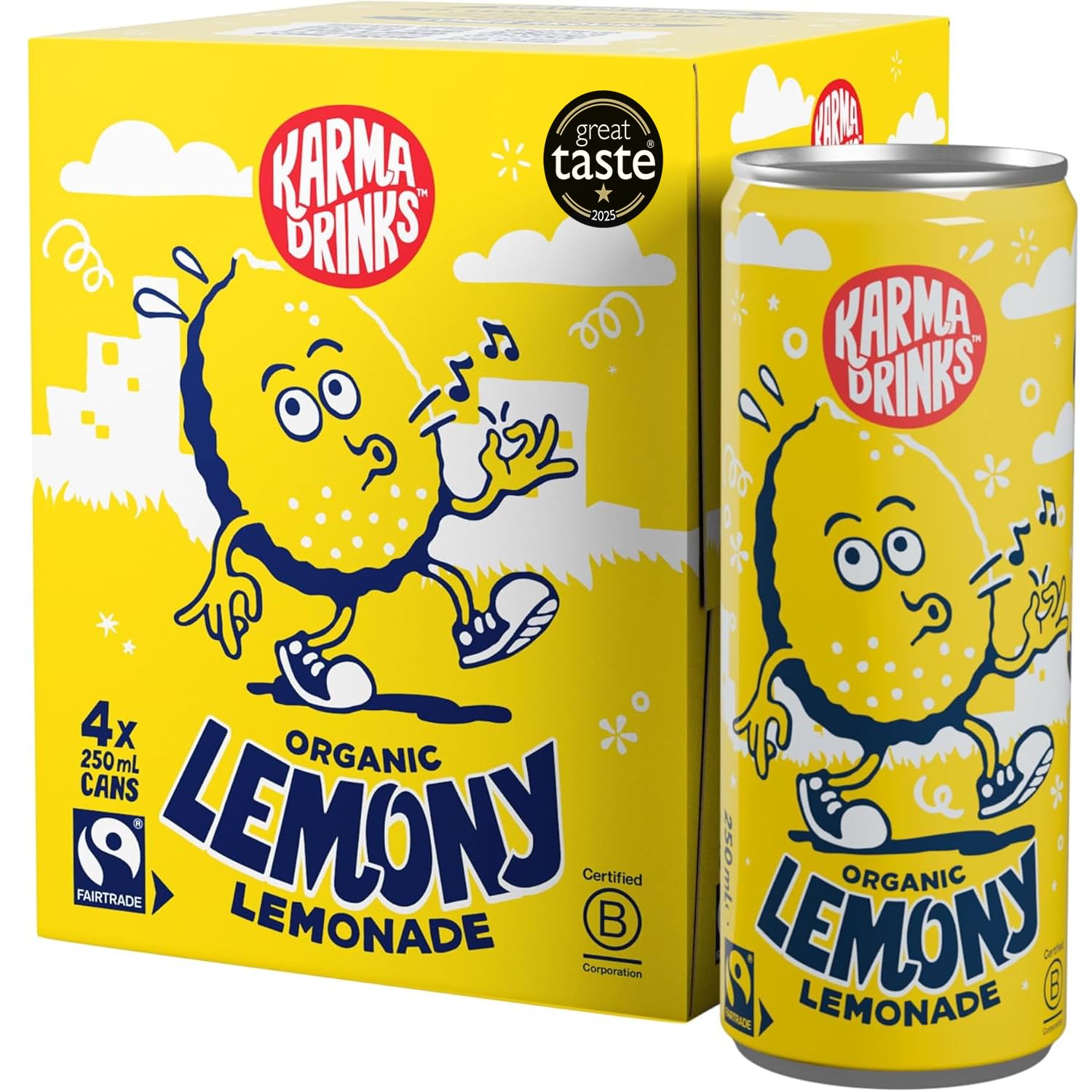Karma Drinks Lemony Lemonade - Natural Fizzy Soft Drink (4 x 250ml Cans) 1