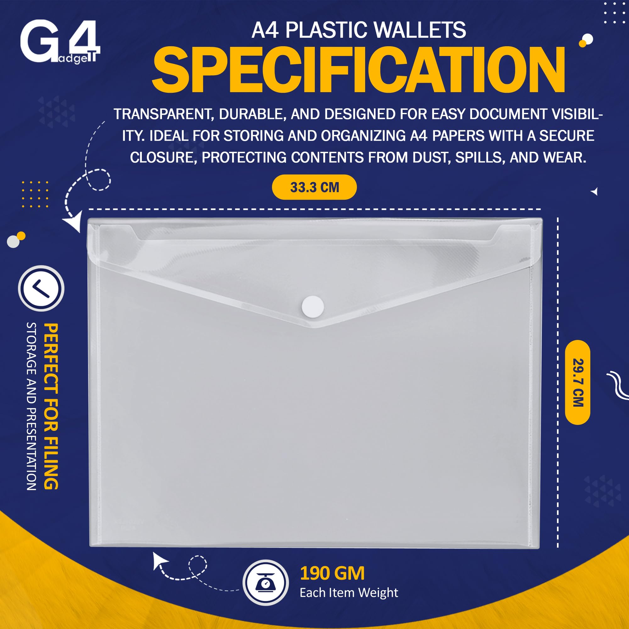 G4GADGET A4 Clear Plastic Wallets - Pack of 5, Popper Closure, 50 Sheet Capacity 4
