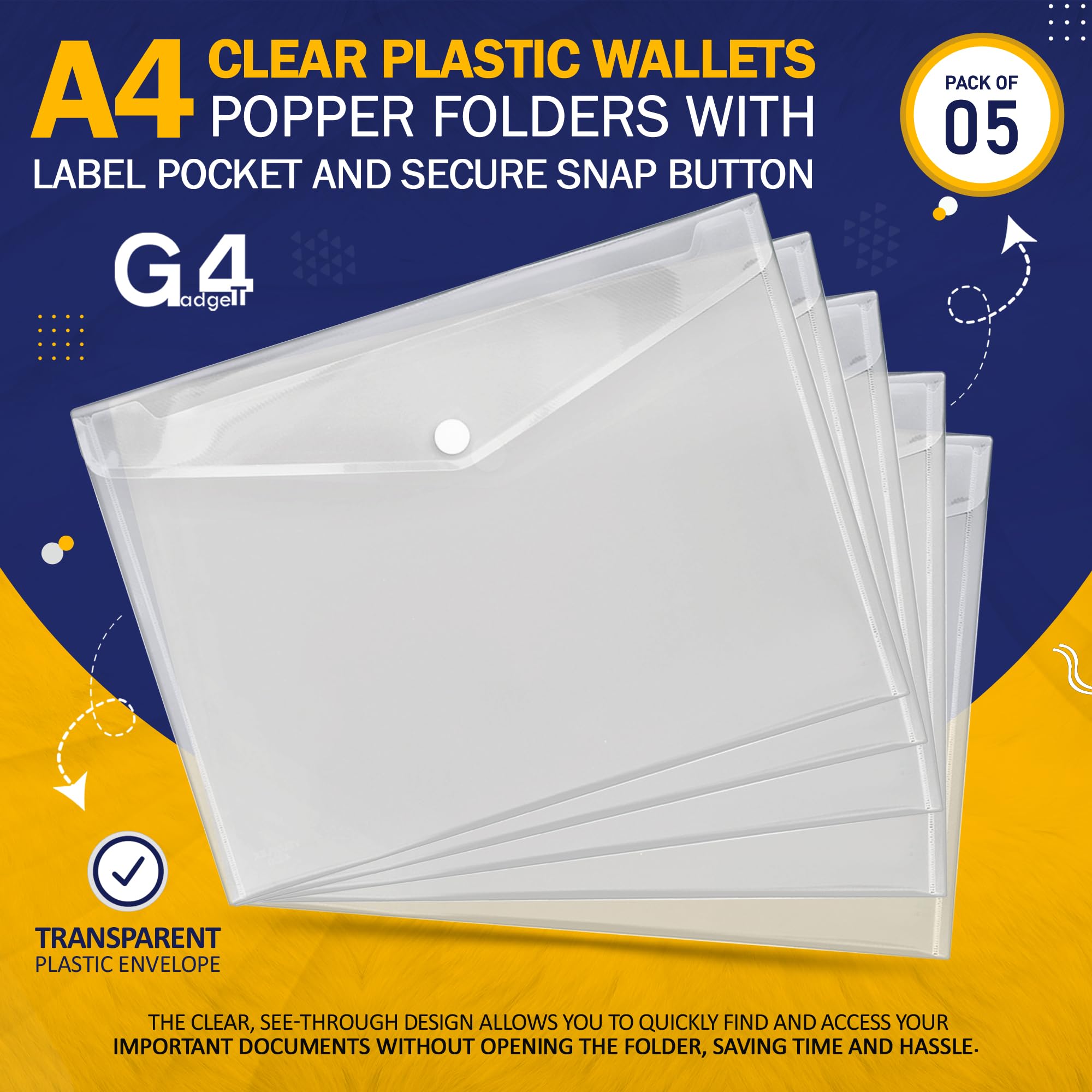 G4GADGET A4 Clear Plastic Wallets - Pack of 5, Popper Closure, 50 Sheet Capacity 2