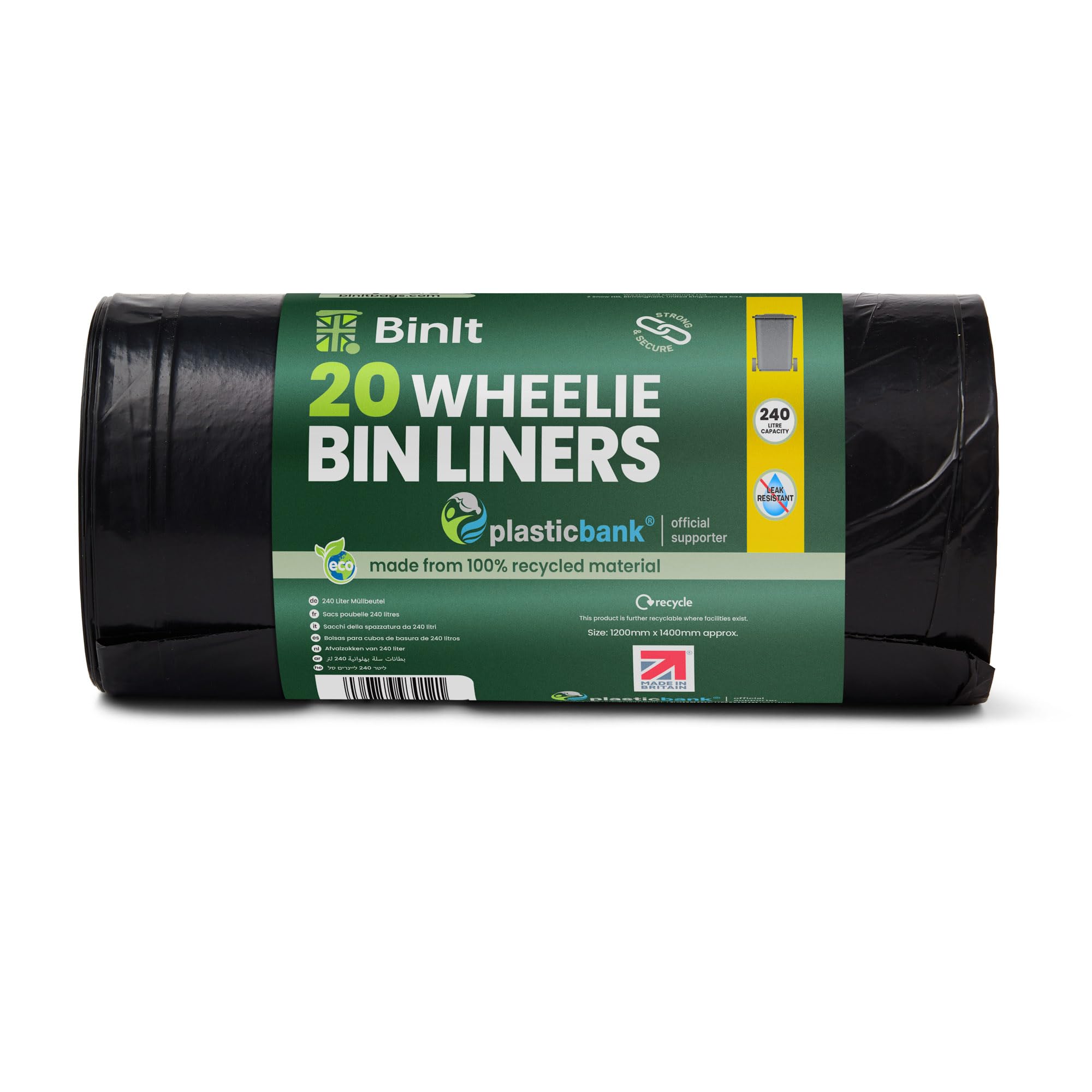 BIN IT Wheelie Bin Liners - 240 Litre Capacity, 20 Count, Black, 100% Recycled LDPE