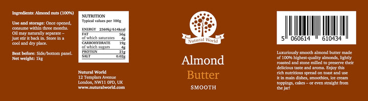 Nutural World - Smooth Almond Nut Butter (1kg) - Glass Jar