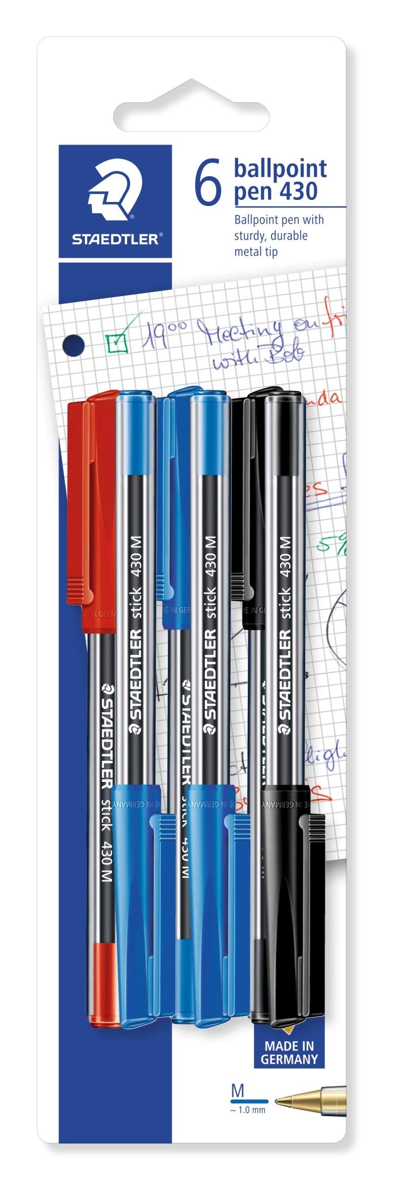 STAEDTLER Stick 430 Ballpoint Pen - Medium Point, Assorted Ink, Pack of 6 1