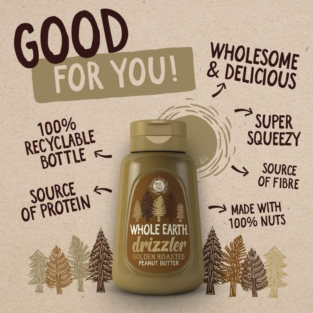Whole Earth Drizzler Golden Roasted Super Smooth Peanut Butter - 6 x 320g Squeezy Bottles