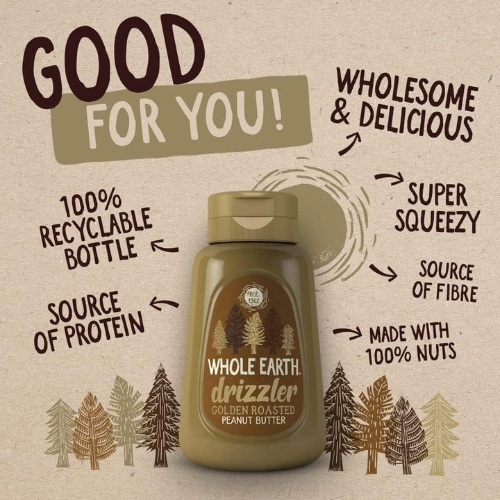Whole Earth Drizzler Golden Roasted Super Smooth Peanut Butter - 6 x 320g Squeezy Bottles