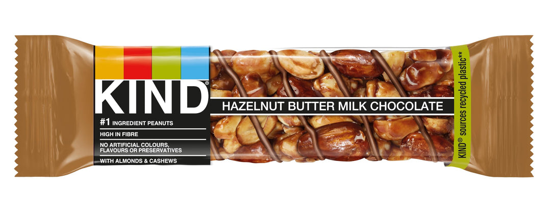 KIND Hazelnut Butter Milk Chocolate Snack Bars, Gluten Free, High Fibre, No Artificial Ingredients, 12 x 40g