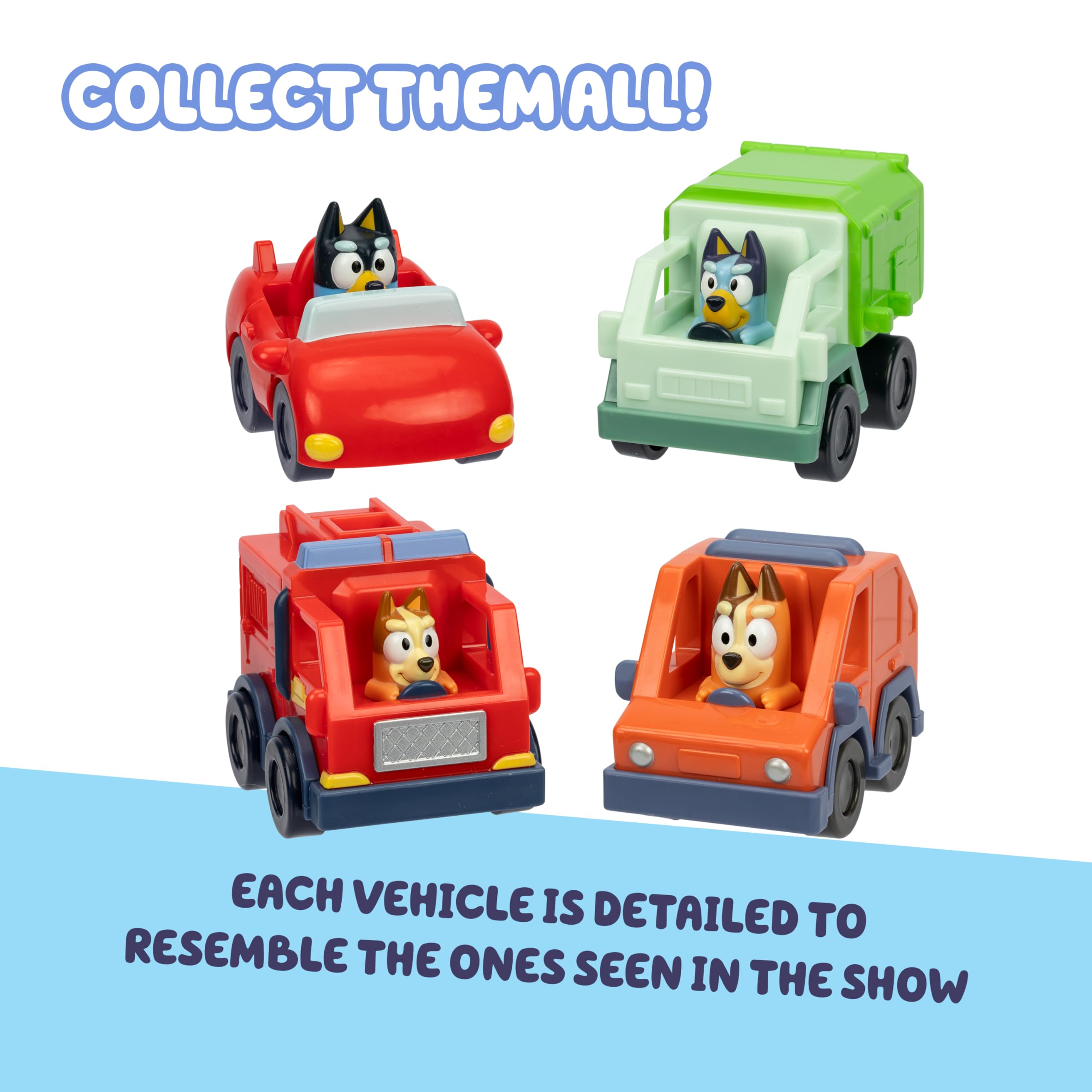 Bluey Mini Racers Set - 4 Popular Vehicles | Free-Rolling Wheels | Ages 3+ 5