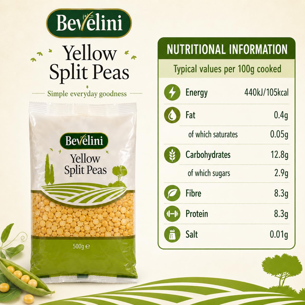 Bevelini Yellow Split Peas - 500g | High Protein & Fibre | Versatile Cooking Ingredient
