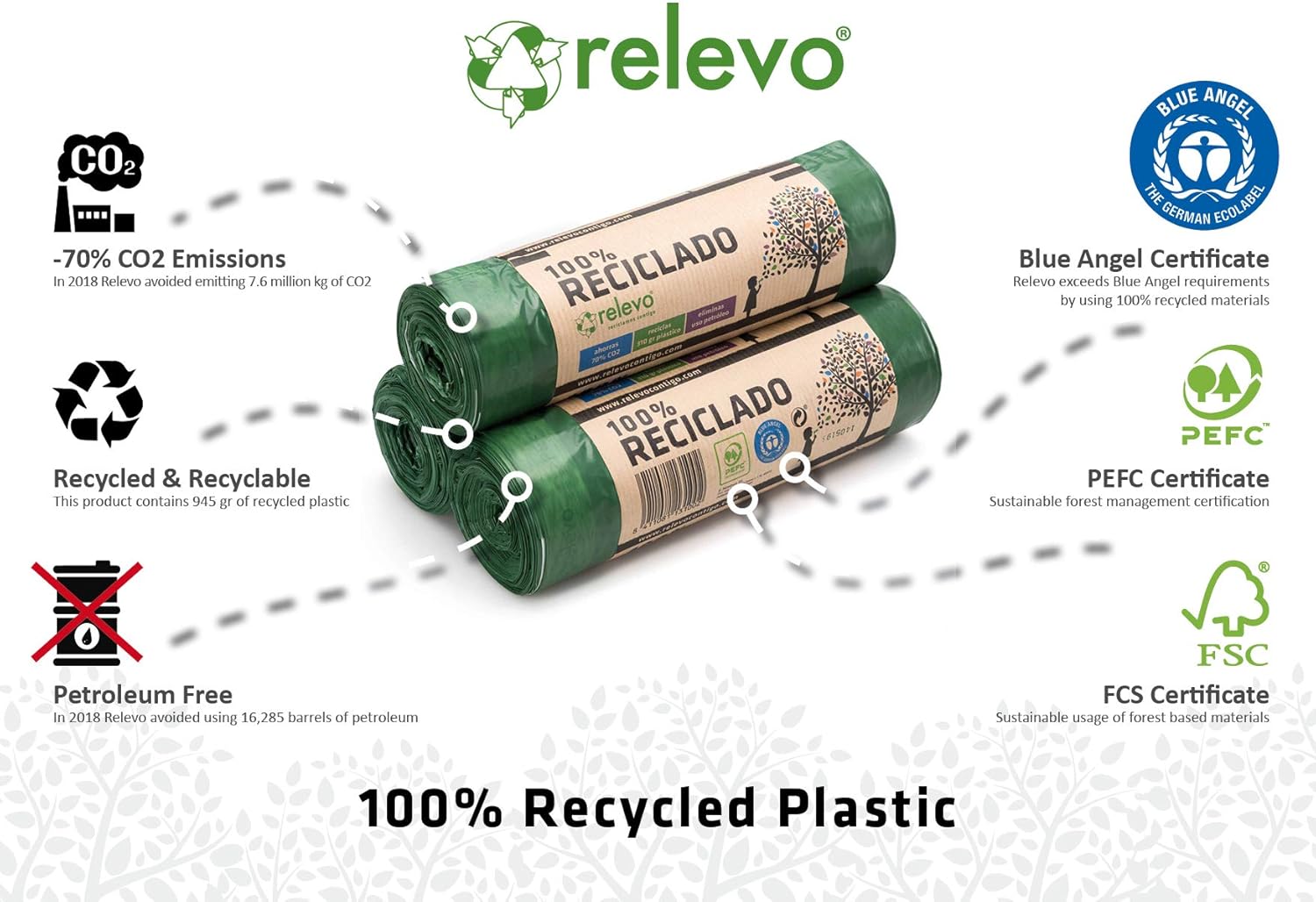Relevo 100 % recycelte, strapazierfähige Müllbeutel, 30 l, 45 Stück (3 Rollen) 3