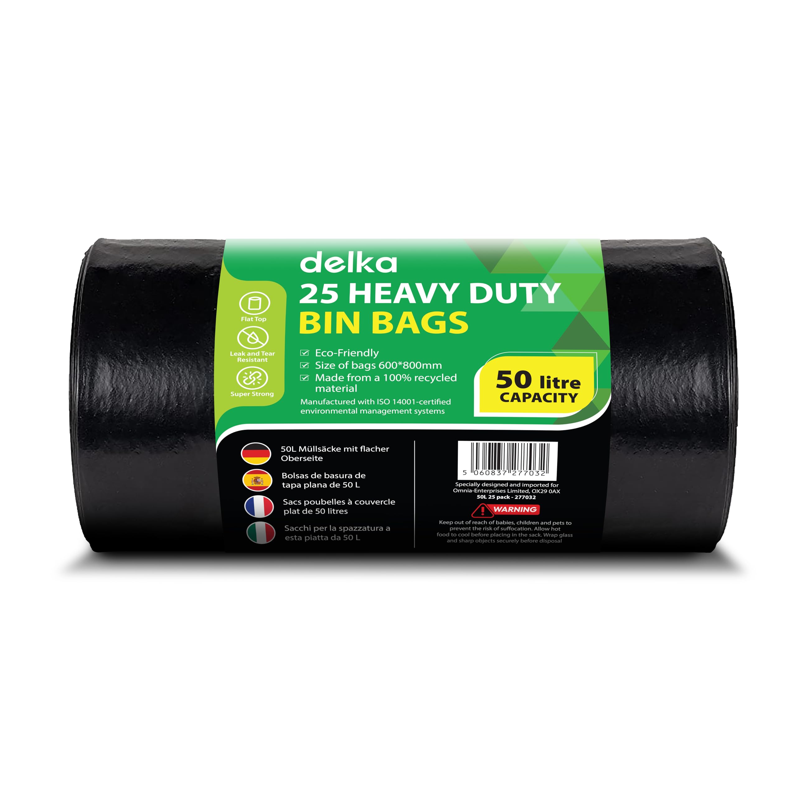 delka Heavy Duty Bin Liners - Extra Strong, Leak-Proof, 50L Capacity, Pack of 25 1