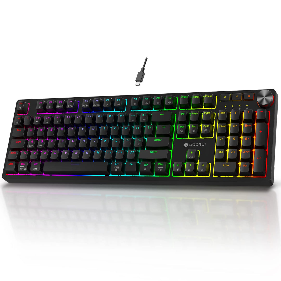 KOORUI MK104-BROWN Mechanical Gaming Keyboard – 104 Keys, 26 RGB Backlighting Effects, Pluggable Brown Switches, Anti-Ghosting, Wired for PC & Mac