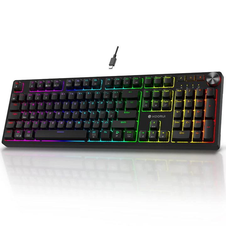 KOORUI MK104-BROWN Mechanical Gaming Keyboard – 104 Keys, 26 RGB Backlighting Effects, Pluggable Brown Switches, Anti-Ghosting, Wired for PC & Mac