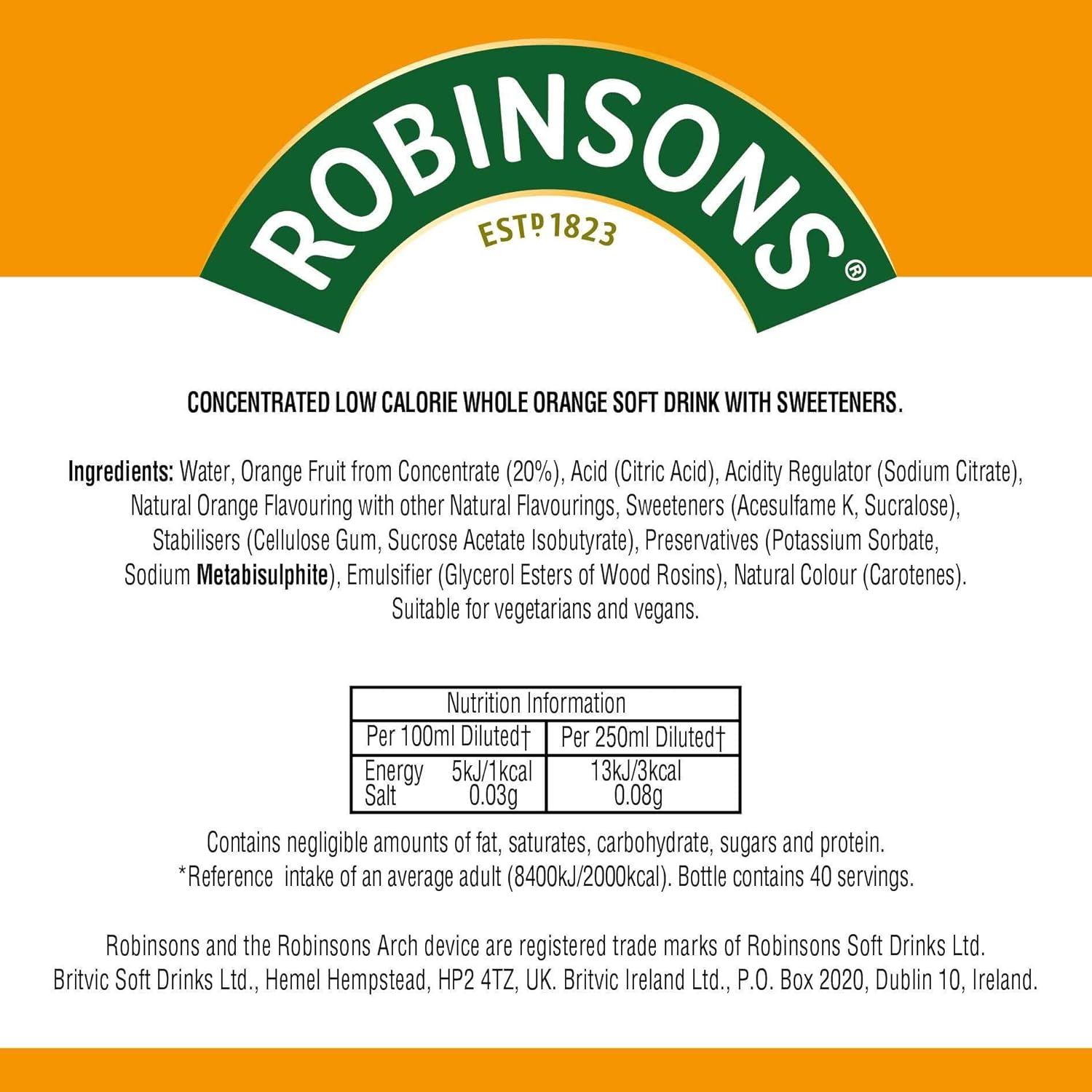 Robinsons Double Strength Orange No Added Sugar Squash 1.75L 4