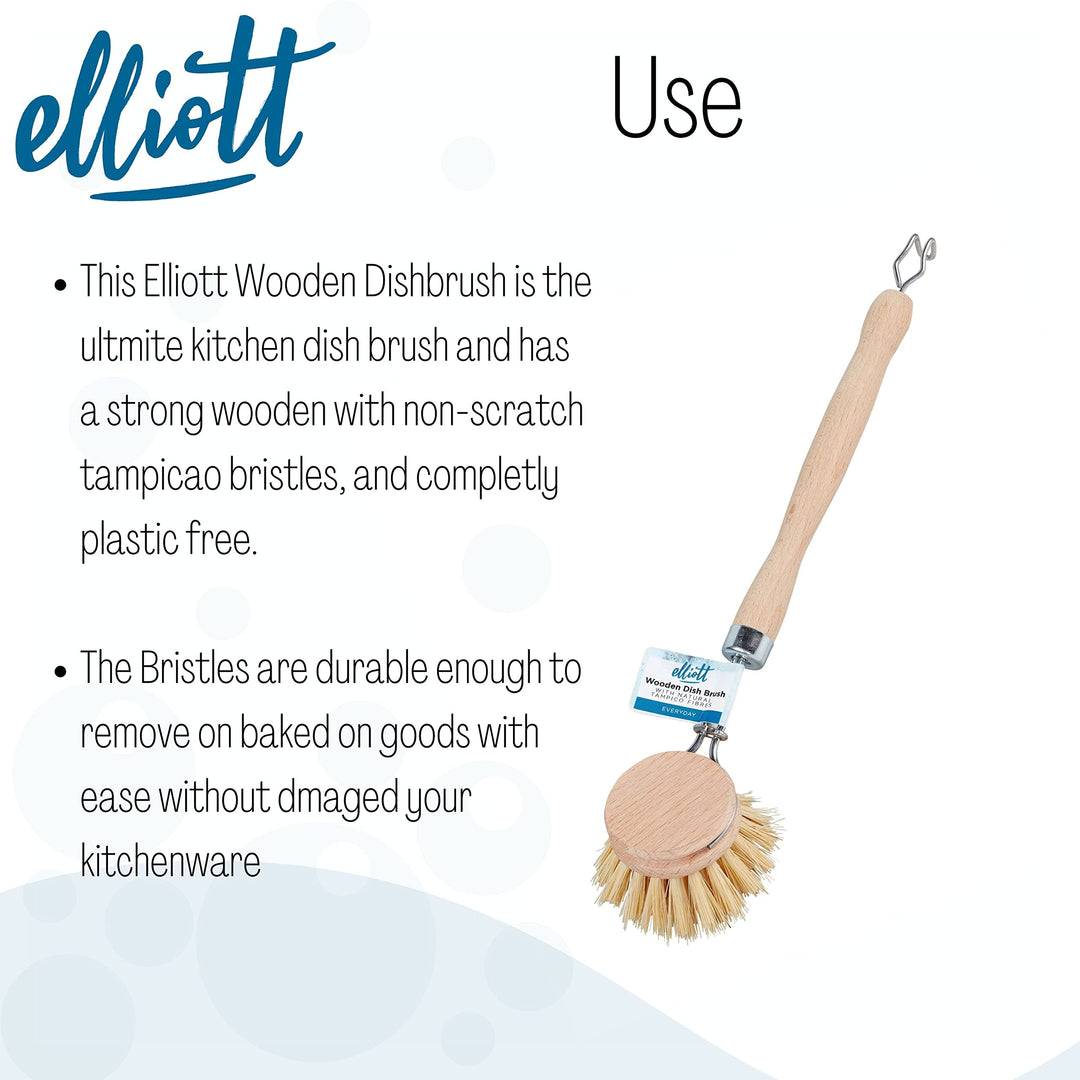 Elliott Wooden Dish Brush with Natural Tampico Fibres - Long Handle, Replaceable Head