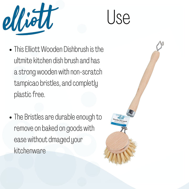 Elliott Wooden Dish Brush with Natural Tampico Fibres - Long Handle, Replaceable Head