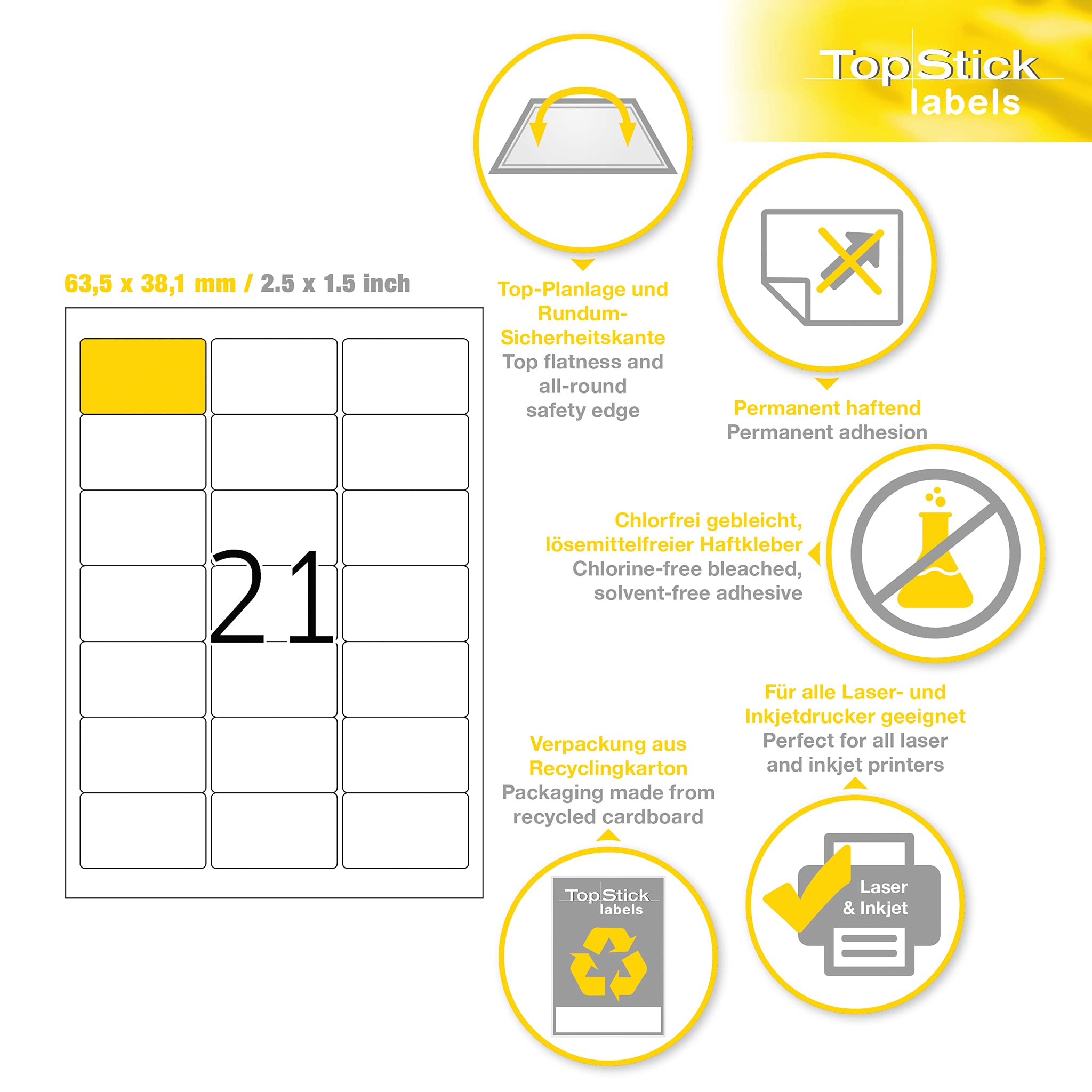 TopStick A4 Self Adhesive Address Labels, 21 Labels Per Sheet, 100 Sheets, 4