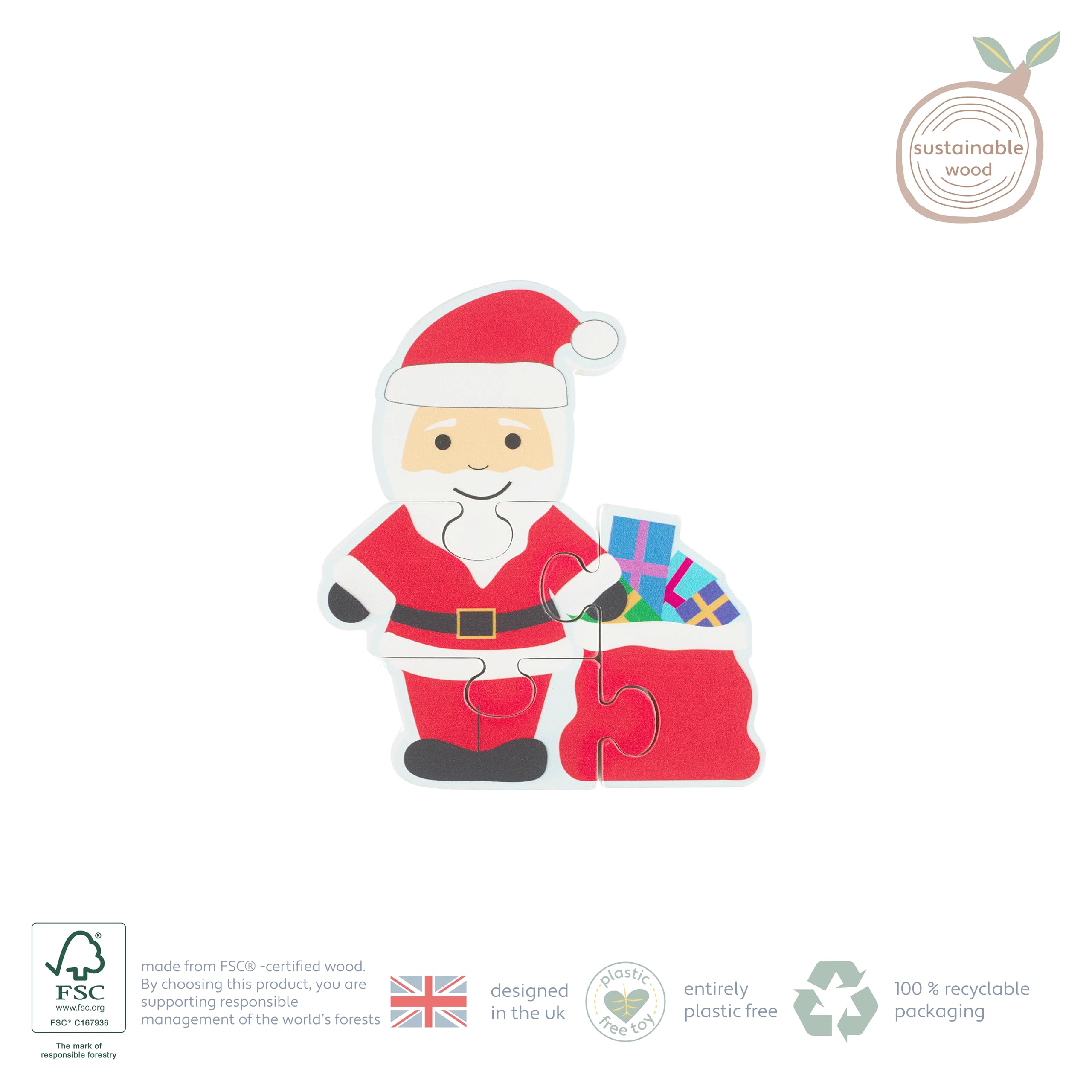 Christmas Mini Wooden Puzzle - Father Christmas Jigsaw for Toddlers, Educational Montessori Toy by Orange Tree Toys 2