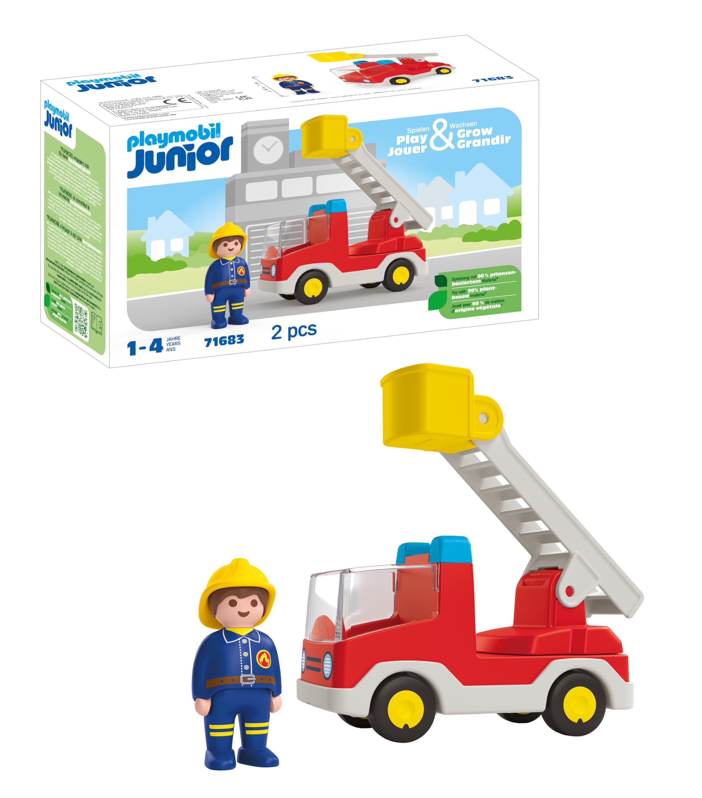 PLAYMOBIL 71683 JUNIOR Ladder Unit Fire Truck - 360° Swiveling Ladder Rescue Vehicle for Toddlers 1