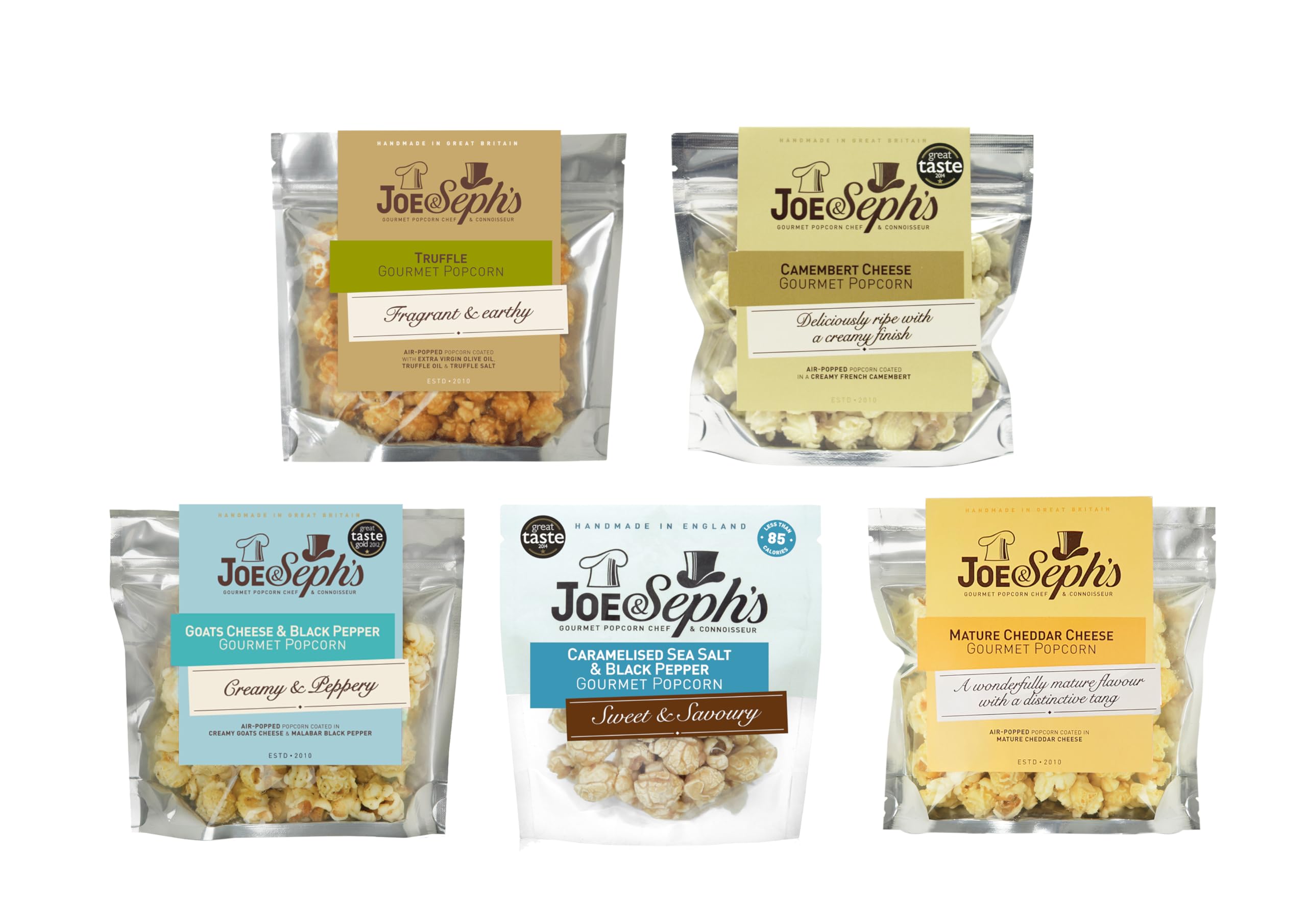 Joe & Seph's Savoury Popcorn Tasting Selection (5x30g) - Goats Cheese & Black Pepper, Cheddar, Truffle, Chilli, Camembert 1