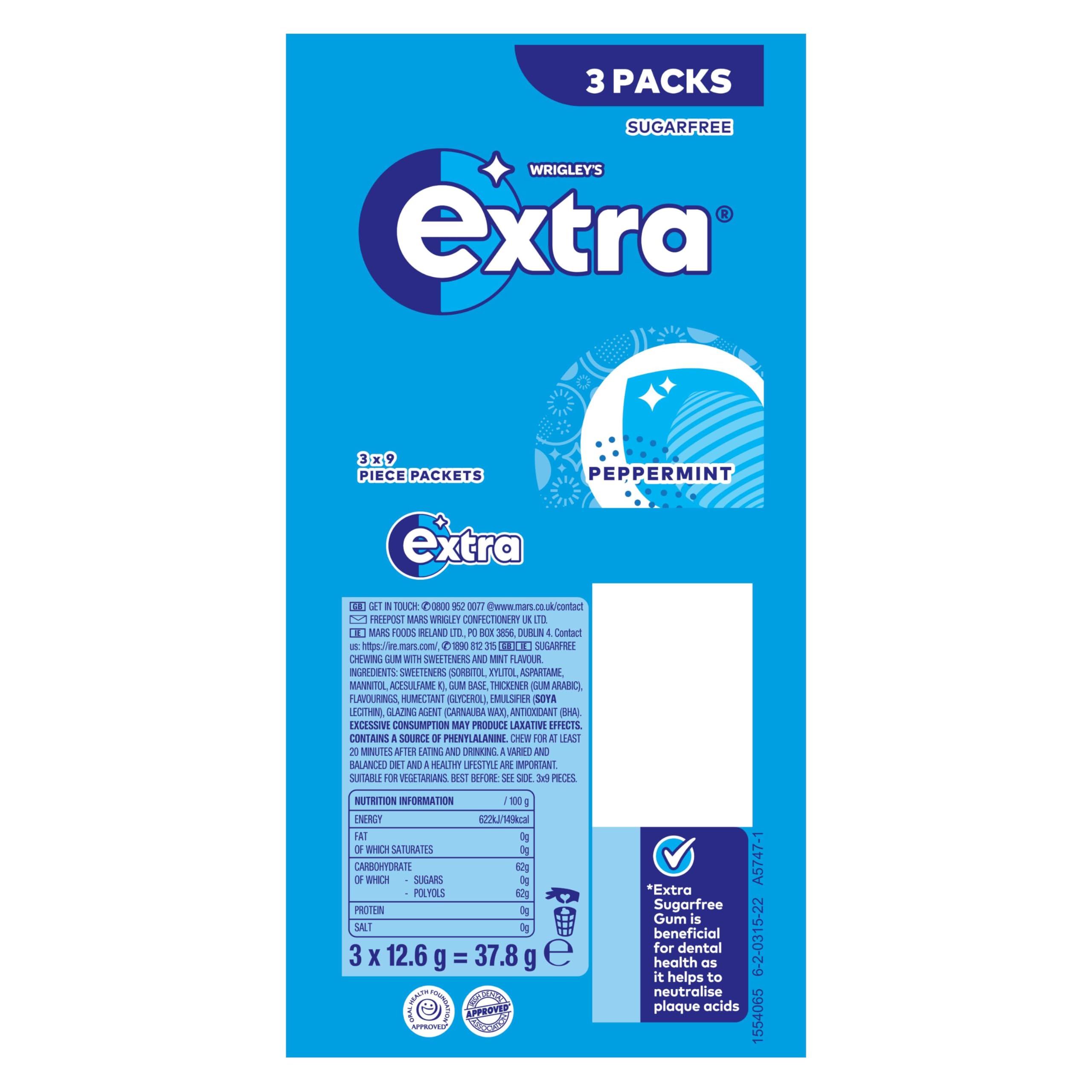Extra Peppermint Sugar Free Chewing Gum - 3 Pack of 9 Pieces | Sugarfree | Dental Health Approved 8