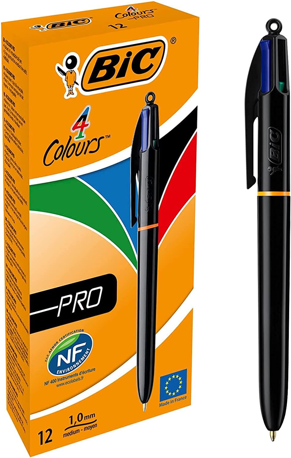 BIC 4 Colours Pro Retractable Ballpoint Pen with Four Ink Colours and Medium Point (1.0 mm), Pack of 12 1