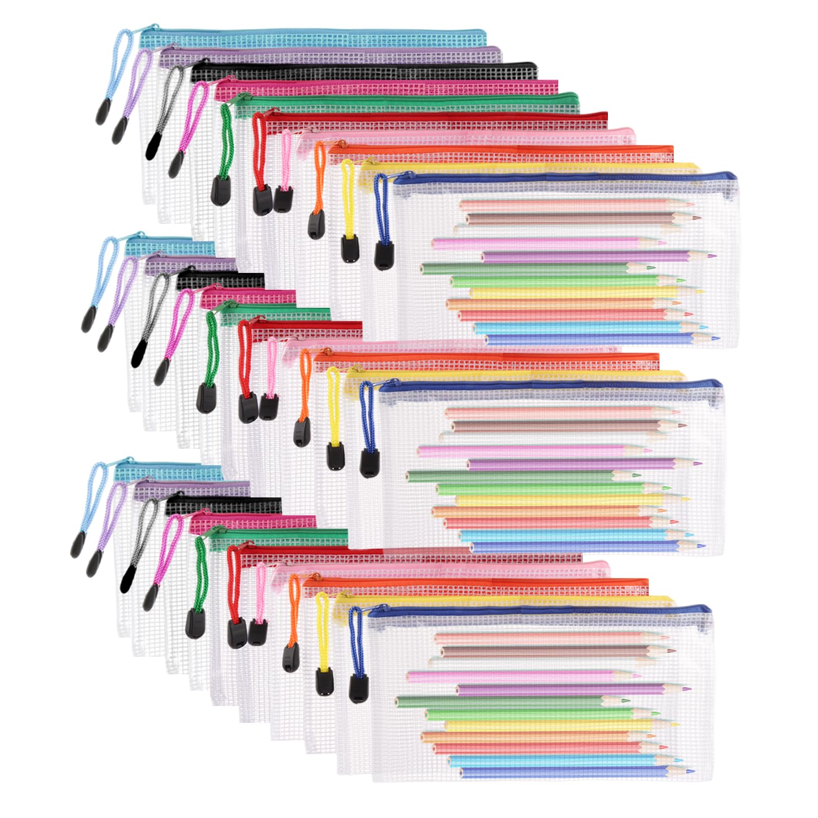 ASelected 30 PCS A6 Clear Zipper Mesh Pencil Cases | Waterproof PVC | 10 Colors
