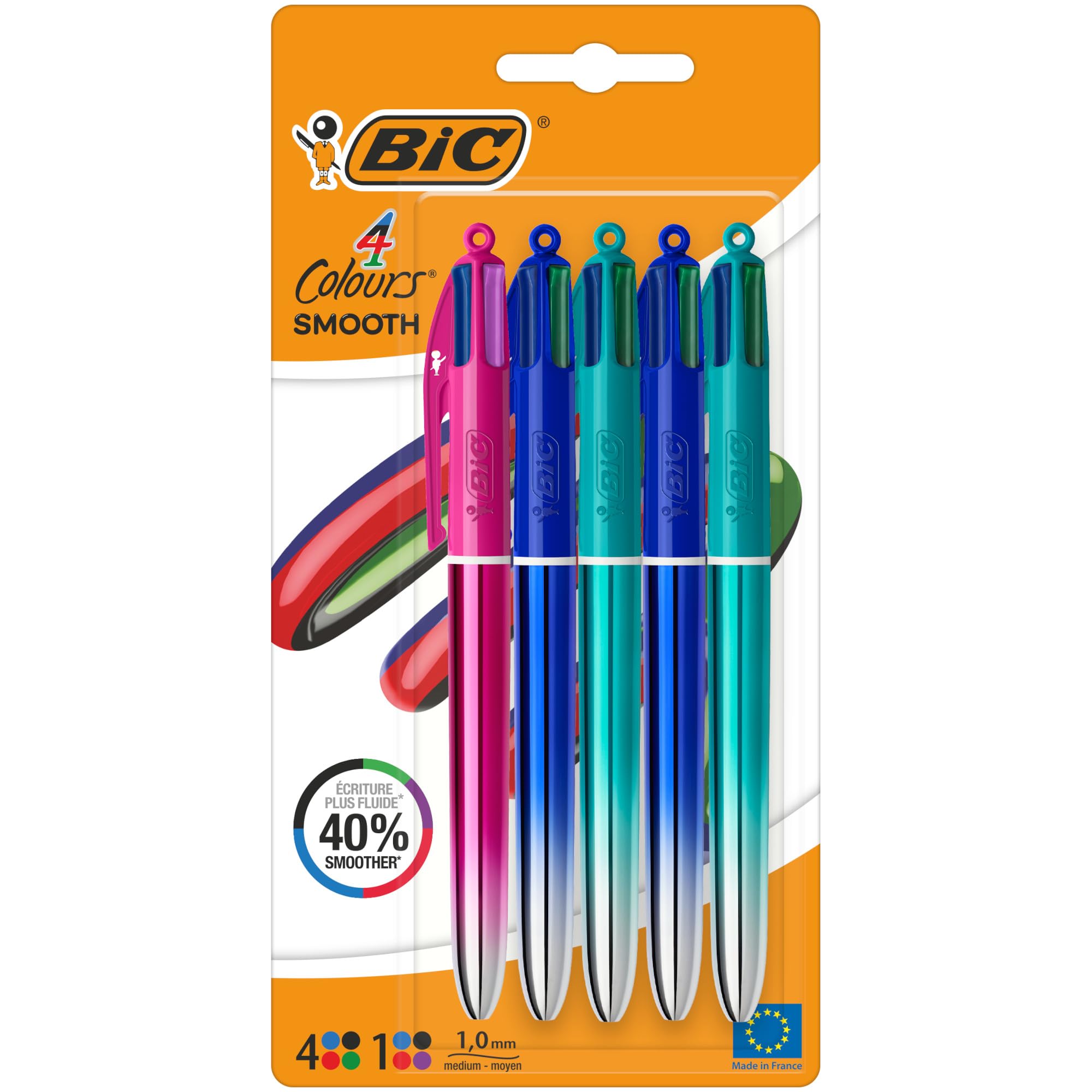 BIC 4 Colours Gradient Smooth Ink Retractable Ballpoint Pens - Pack of 5 | 1.0mm Medium Point | Multicolour