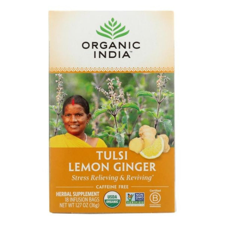 Organic India Tulsi Lemon & Ginger Tea, Caffeine-Free Herbal Tea, Certified Organic