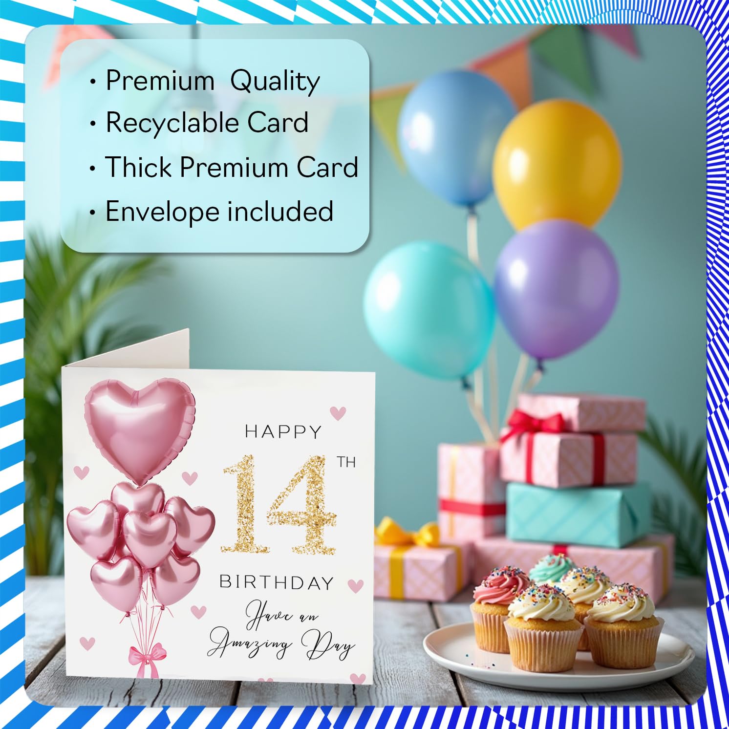 Stuff4 14th Birthday Card for Girls - Pink Glitter Balloons | 145mm Square | Blank Inside 3
