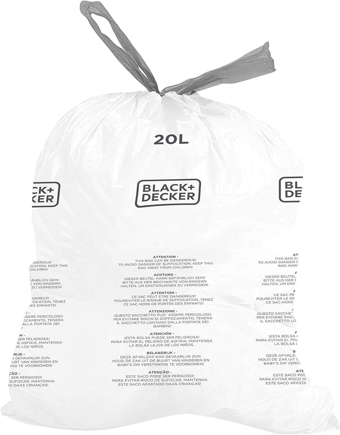 BLACK+DECKER 20L Müllbeutel mit Kordelzug, 20er-Packung, Weiß