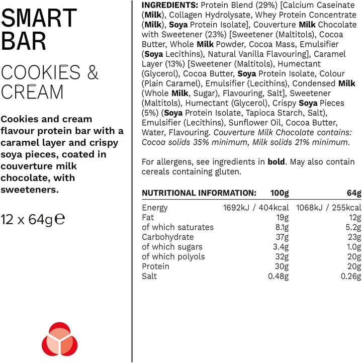 PhD Nutrition Smart Protein Bar Low Calorie, High Protein, Low Sugar, Cookies and Cream, 12 x 64g