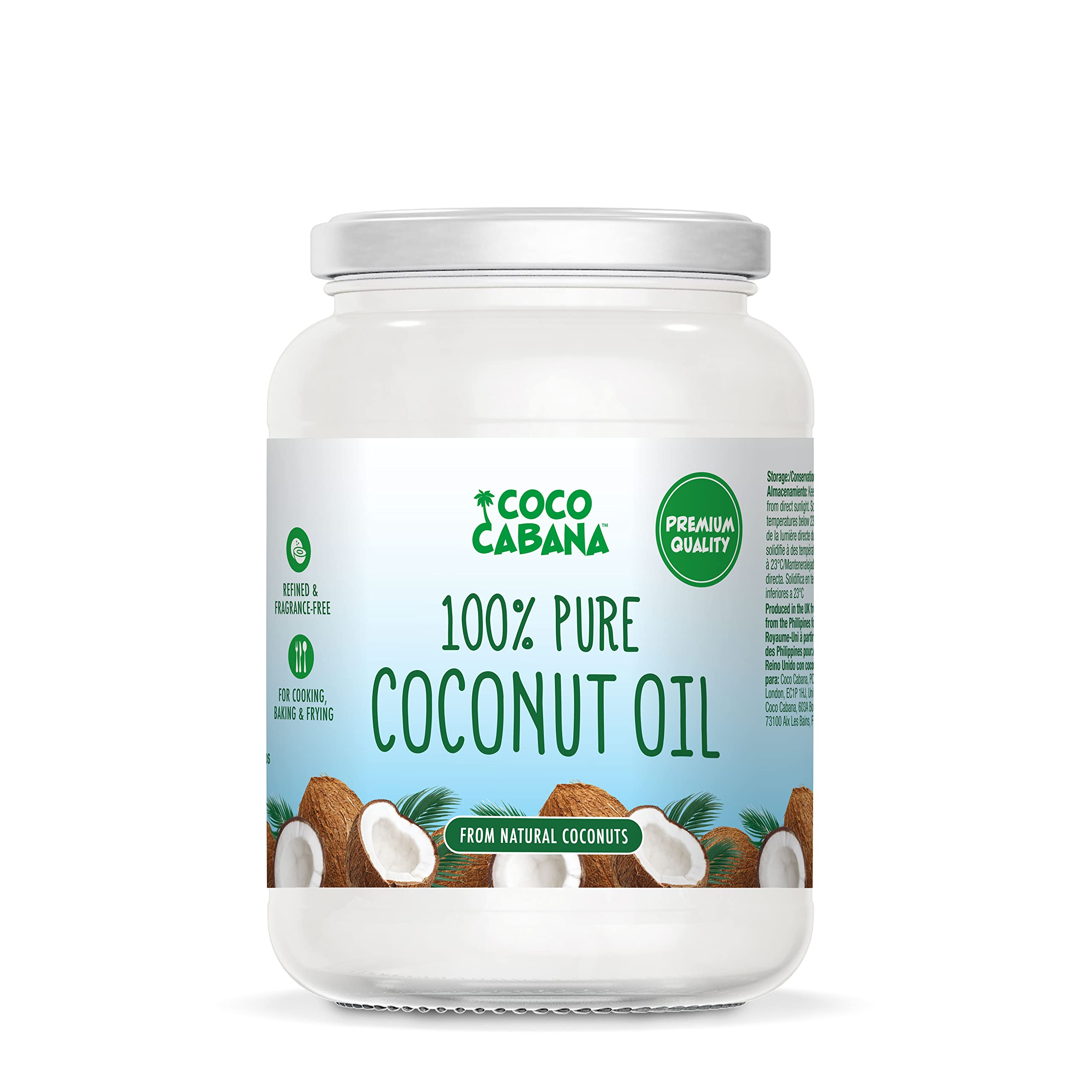 Coco Cabana 100% Pure Coconut Oil - Refined & Fragrance-Free | 1L Glass Jar | Vegan, Dairy & Gluten Free