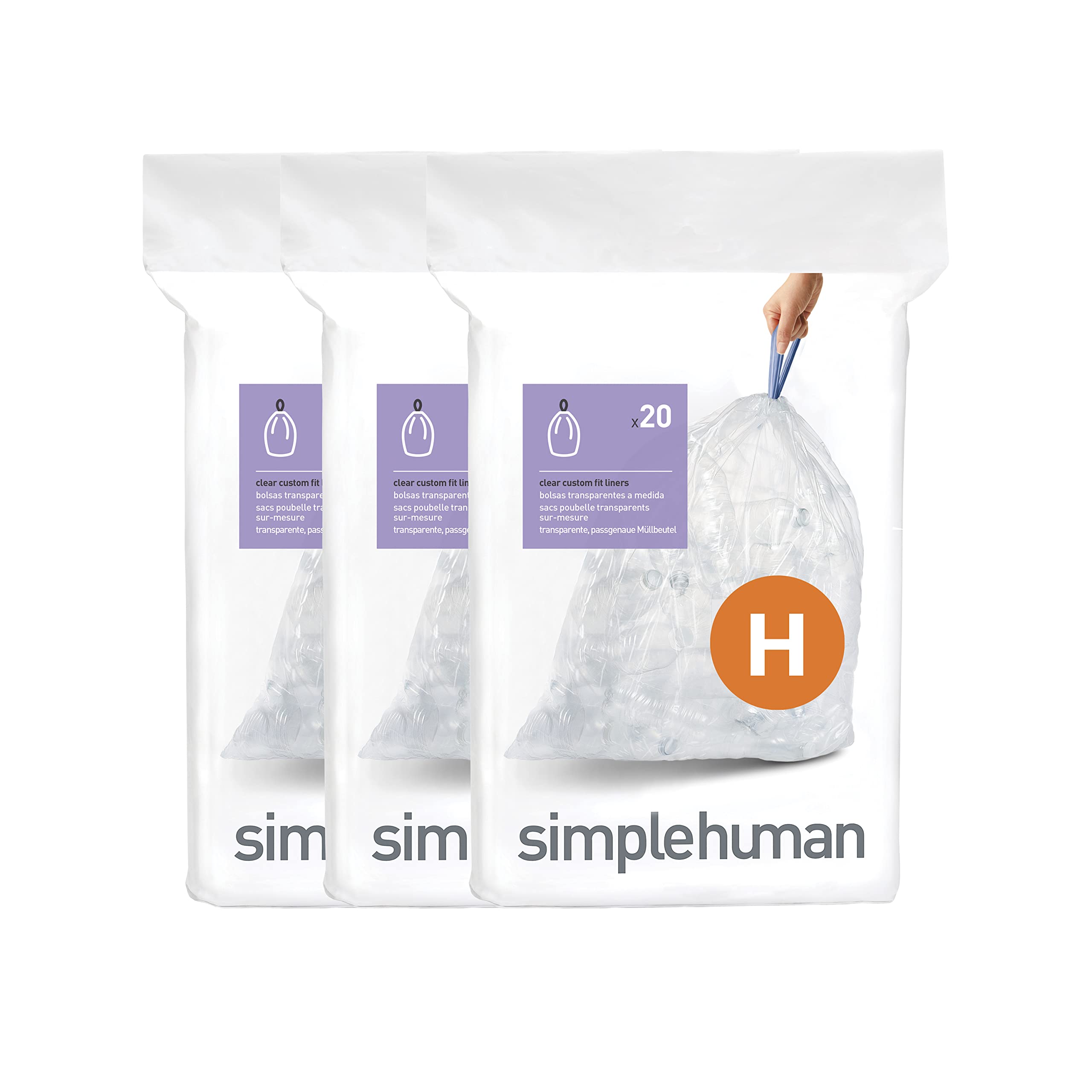 simplehuman CW0286 Code H Custom Fit Bin Liner - 35L Capacity, Unscented, Clear Plastic | 60 Count (3 x 20)
