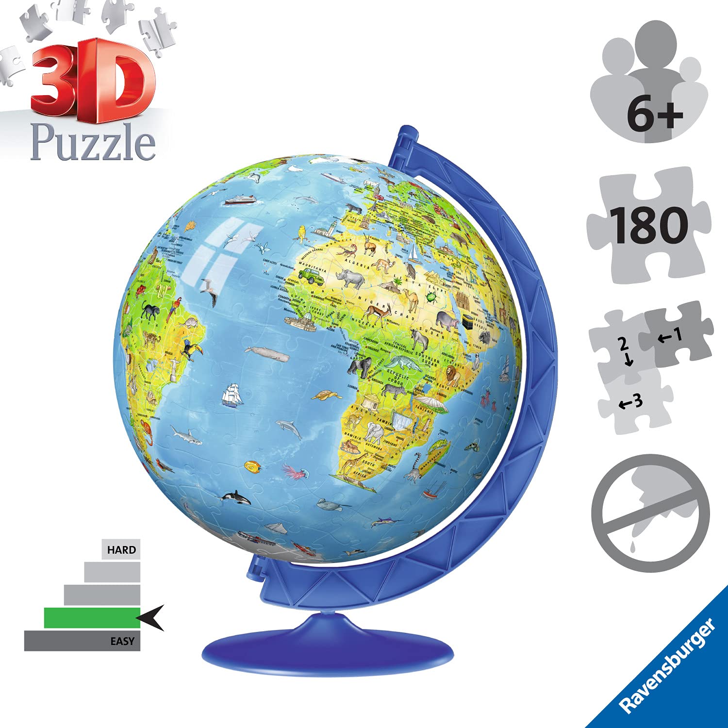 Ravensburger World Globe 3D Jigsaw Puzzle - 180 Pieces | Ages 6+ | No Glue Required