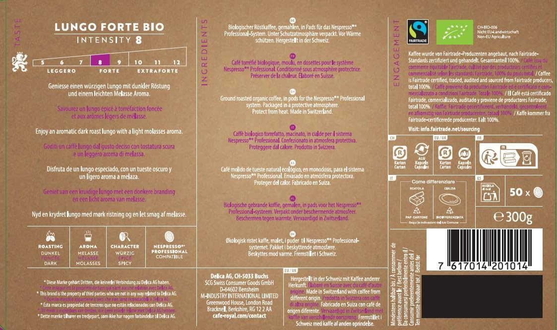 Café Royal Lungo Forte Bio - 50 Fairtrade Certified Coffee Pods for Nespresso Professional 8