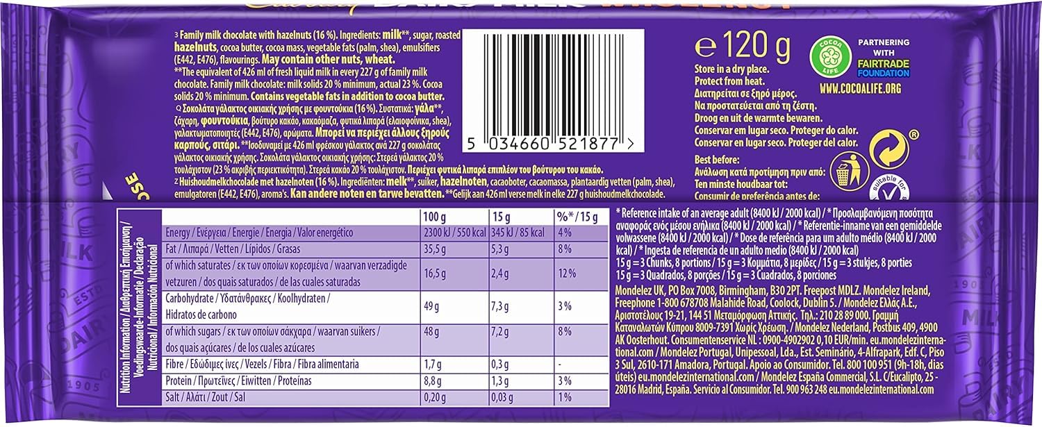 Cadbury Dairy Milk Whole Nut Bar with Whole Hazelnuts, 120g 5