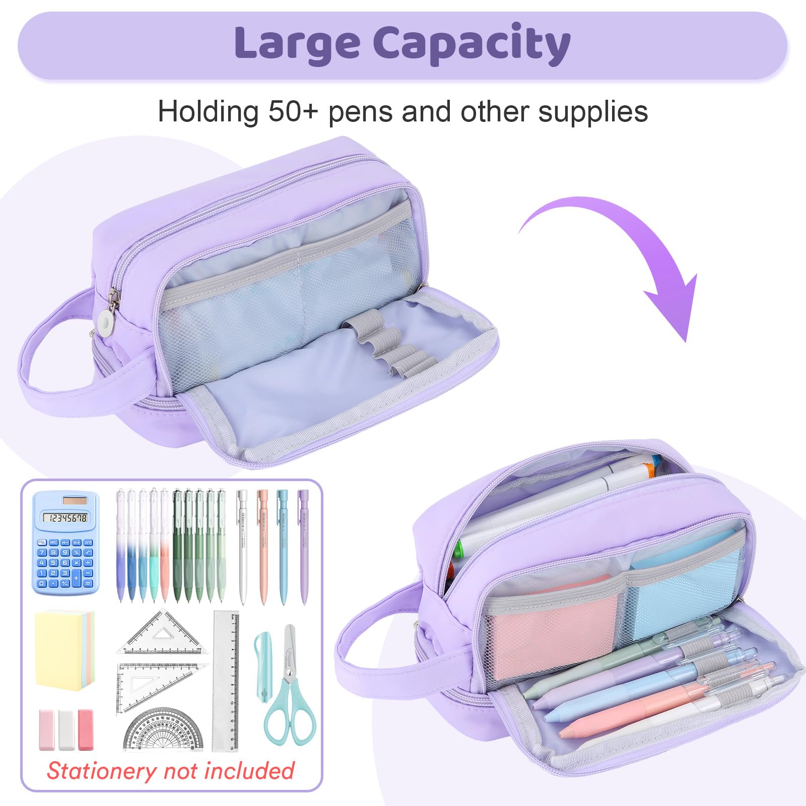 Alyvisun Large Capacity Pencil Case with 3 Compartments | Canvas Material | Purple