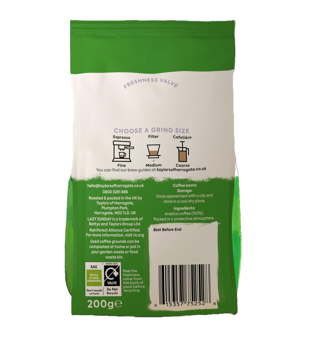Taylors of Harrogate Lazy Sunday Coffee Beans - 100% Arabica Whole Bean Blend, 200g (Pack of 6)